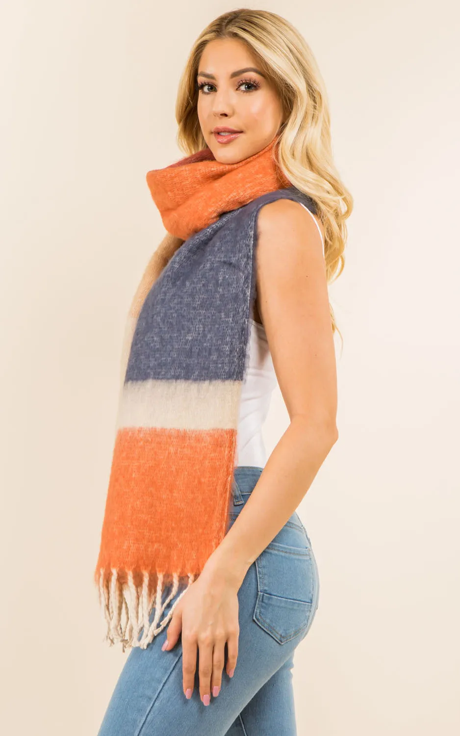 GAO3148 Colorful Block Oblong Scarf w/Fringes