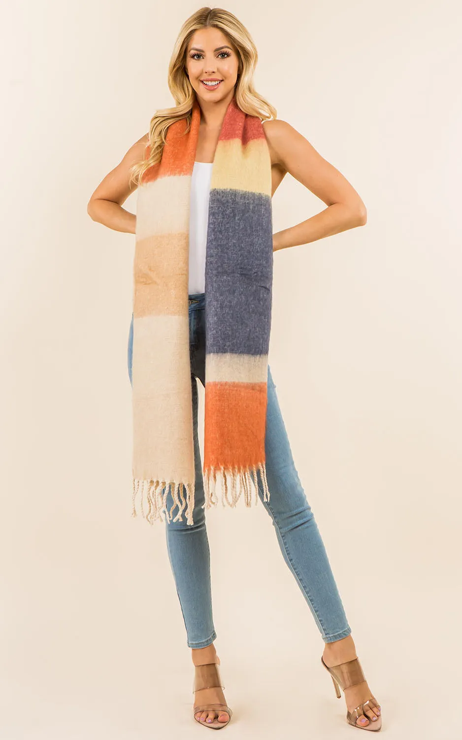 GAO3148 Colorful Block Oblong Scarf w/Fringes