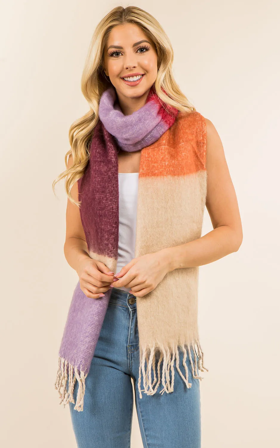 GAO3148 Colorful Block Oblong Scarf w/Fringes