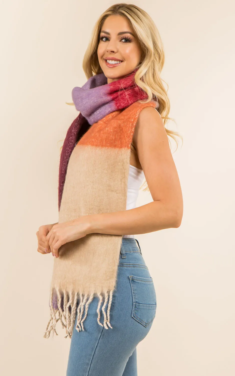 GAO3148 Colorful Block Oblong Scarf w/Fringes