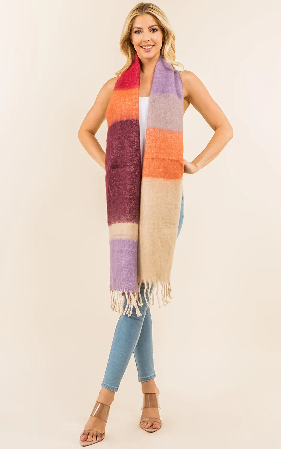 GAO3148 Colorful Block Oblong Scarf w/Fringes