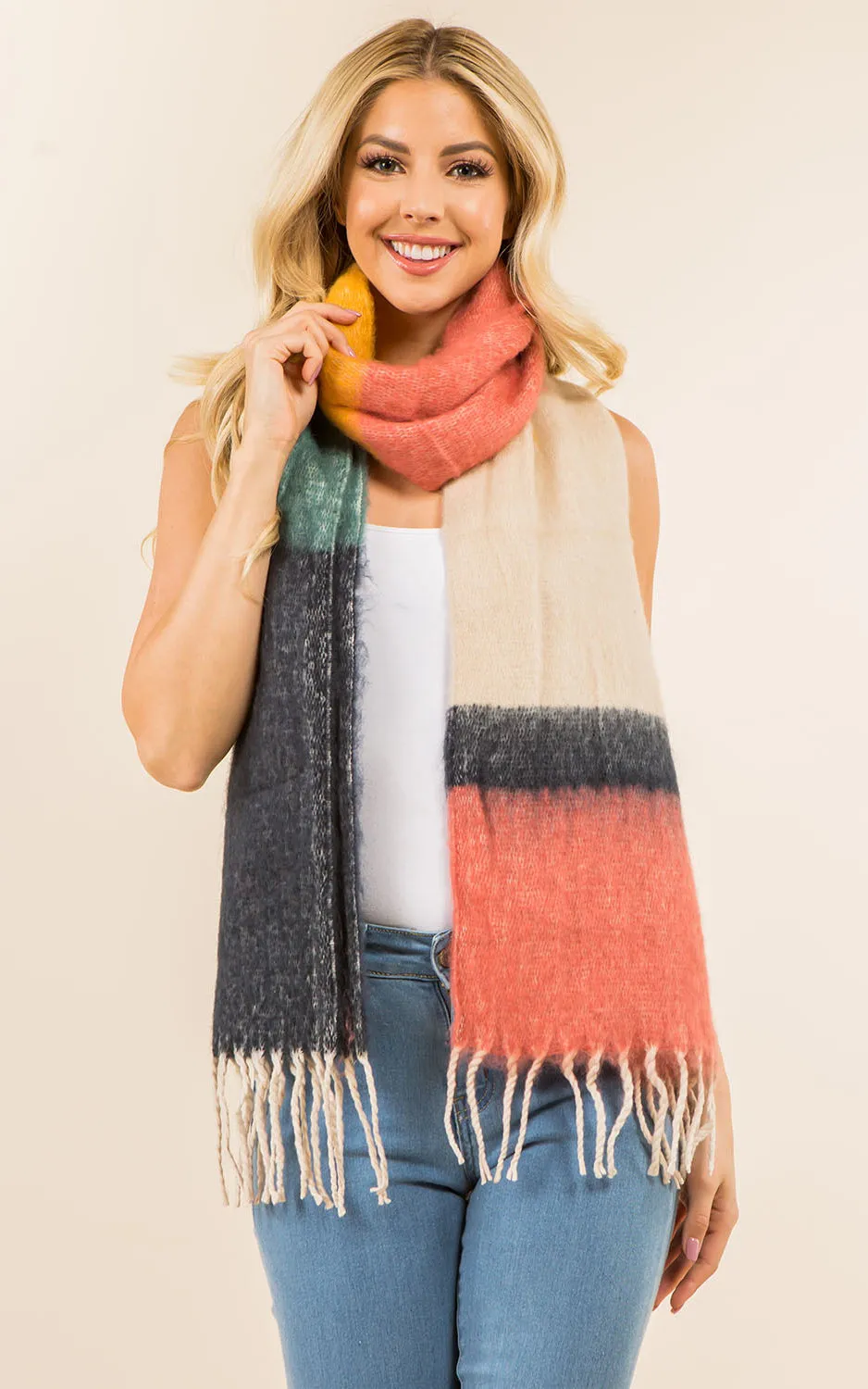 GAO3148 Colorful Block Oblong Scarf w/Fringes