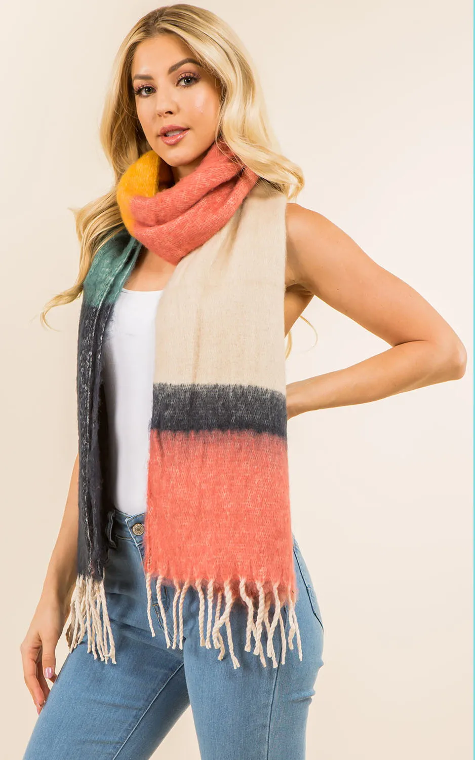 GAO3148 Colorful Block Oblong Scarf w/Fringes