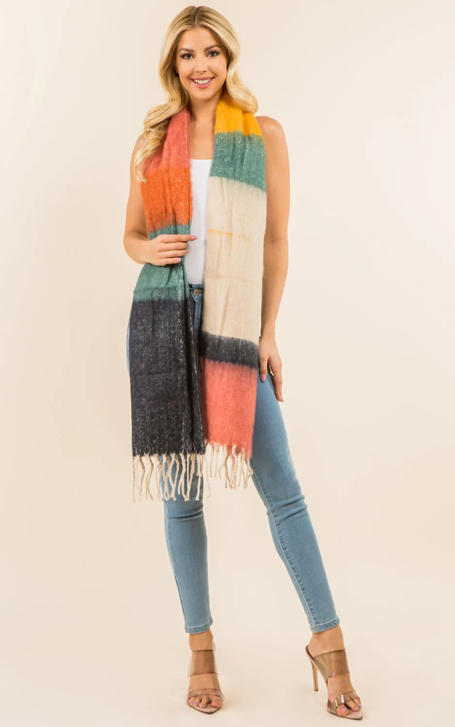 GAO3148 Colorful Block Oblong Scarf w/Fringes