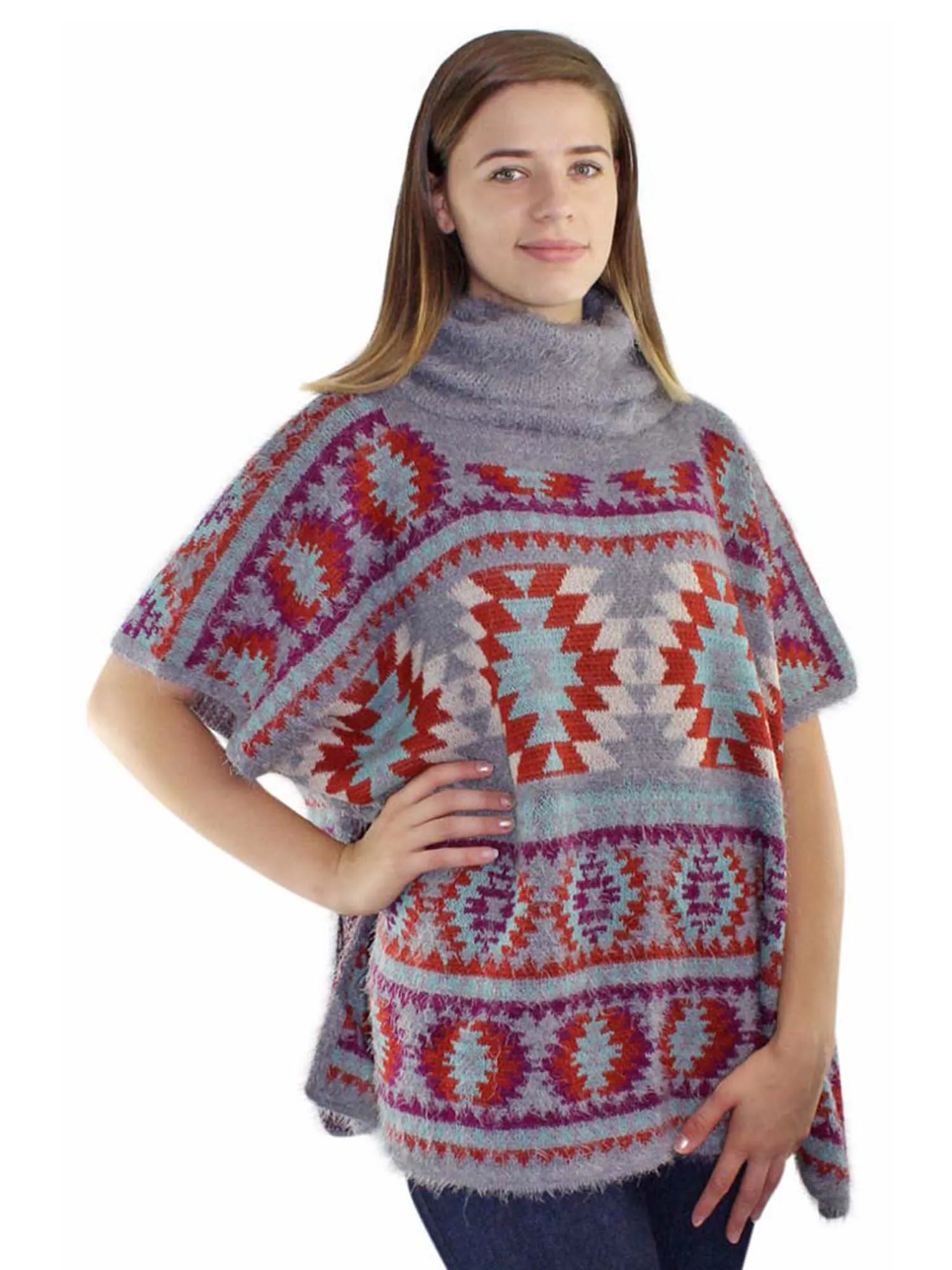 Gray Geo Pattern Turtleneck Poncho