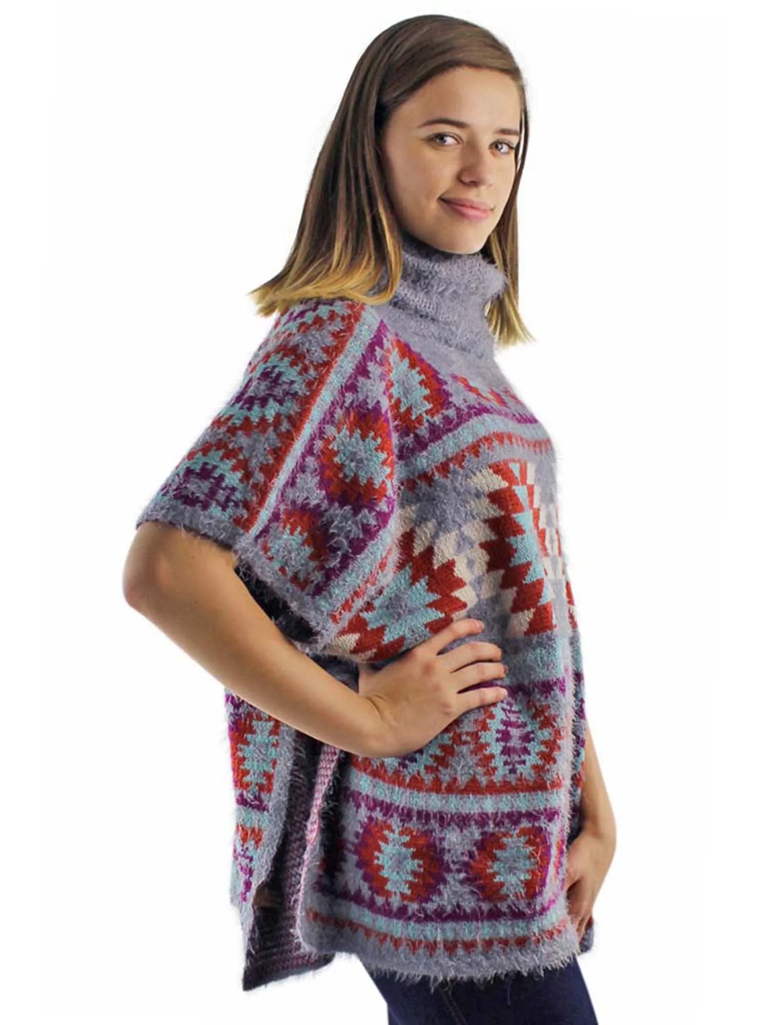 Gray Geo Pattern Turtleneck Poncho