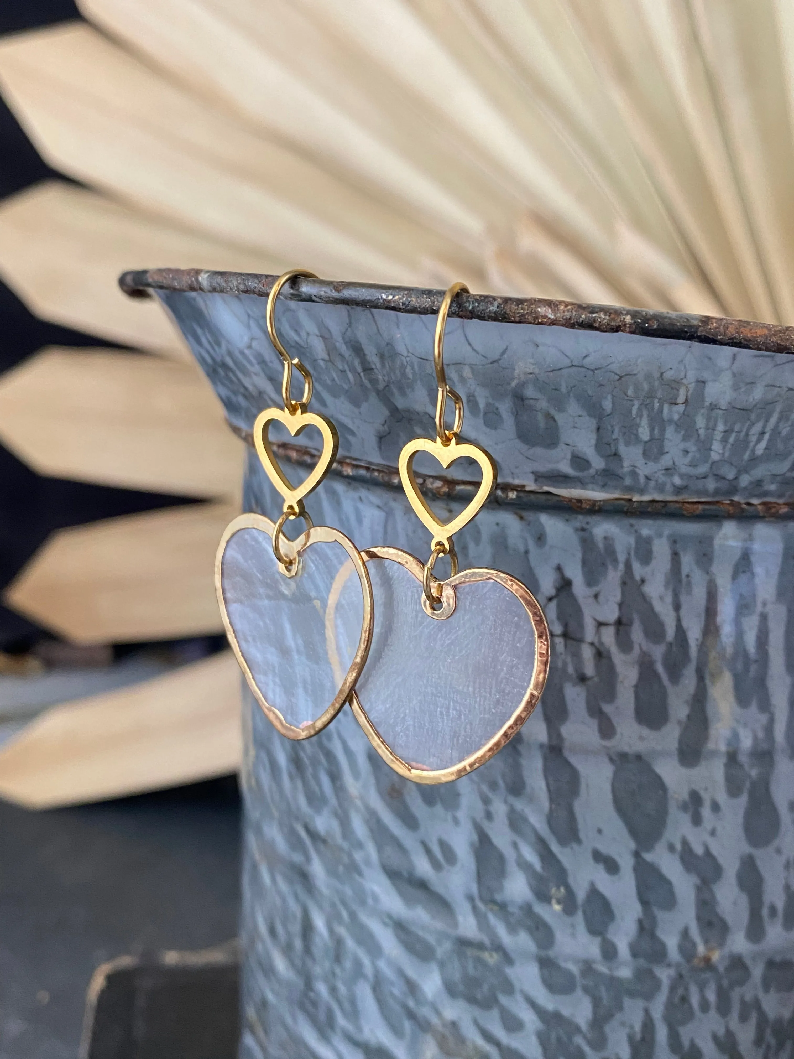 Heart charms, heart shell drops, gold metal, earrings