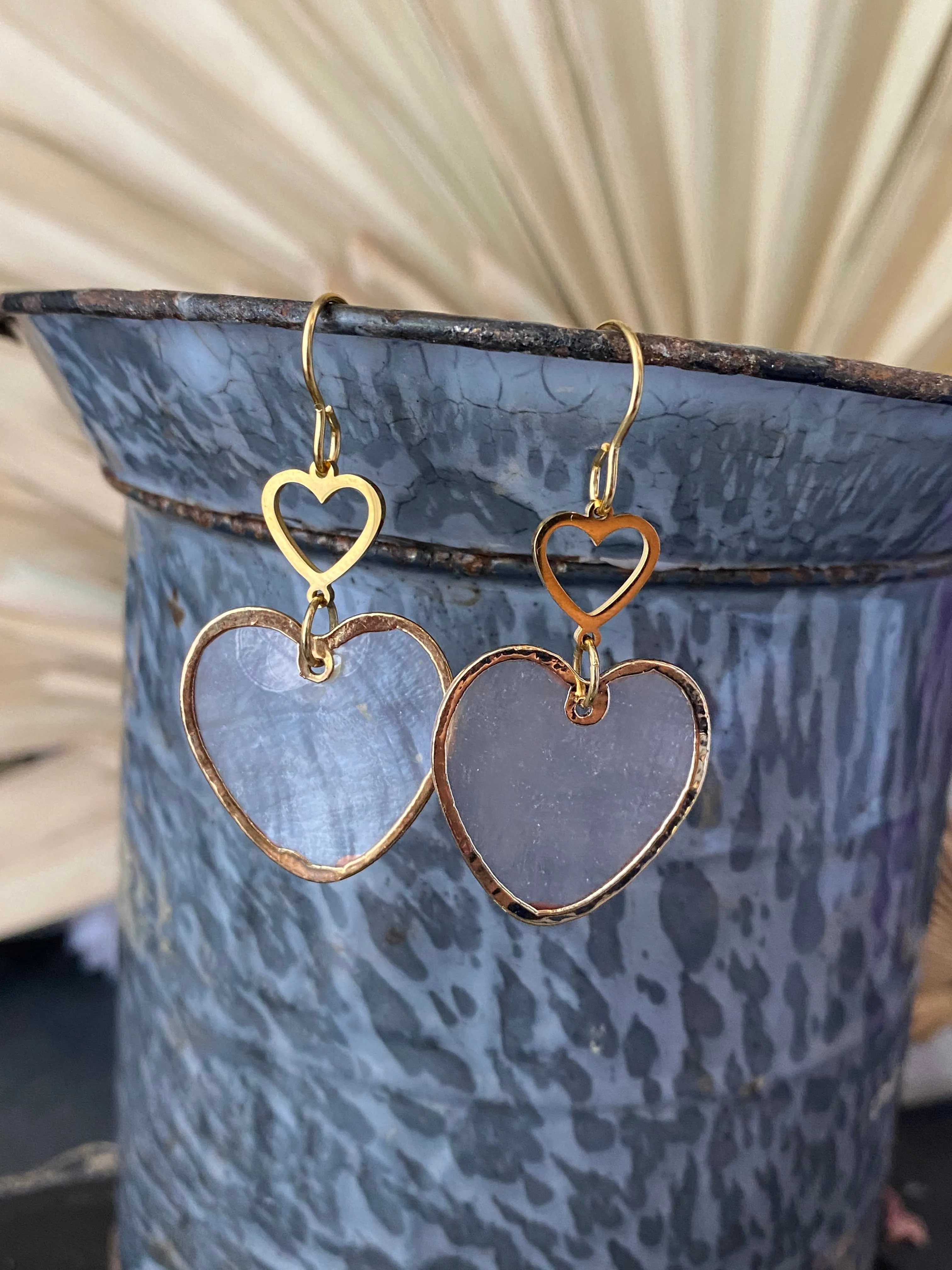 Heart charms, heart shell drops, gold metal, earrings