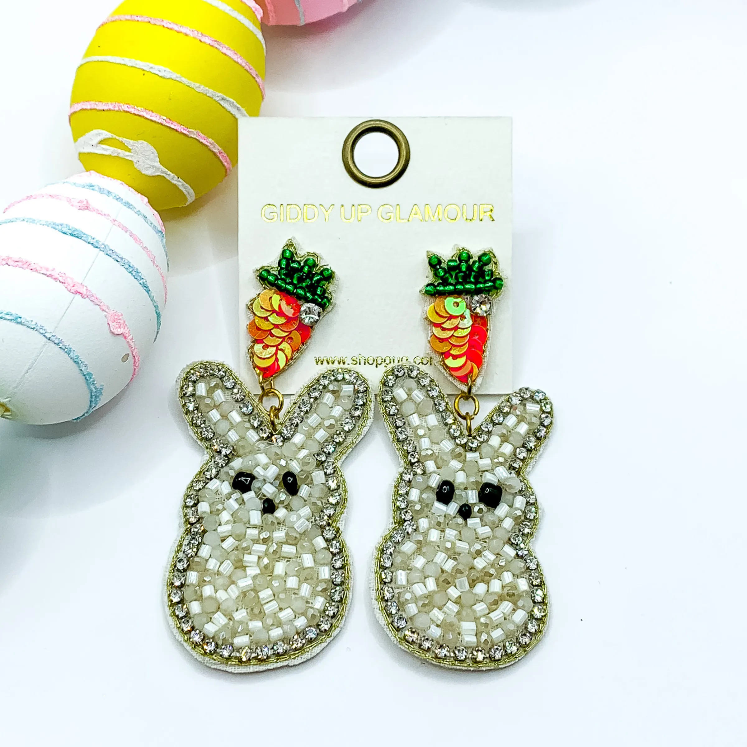 Hoppin' Along Beaded Carrot Post Earrings with Bunny Peep Dangle in Ivory