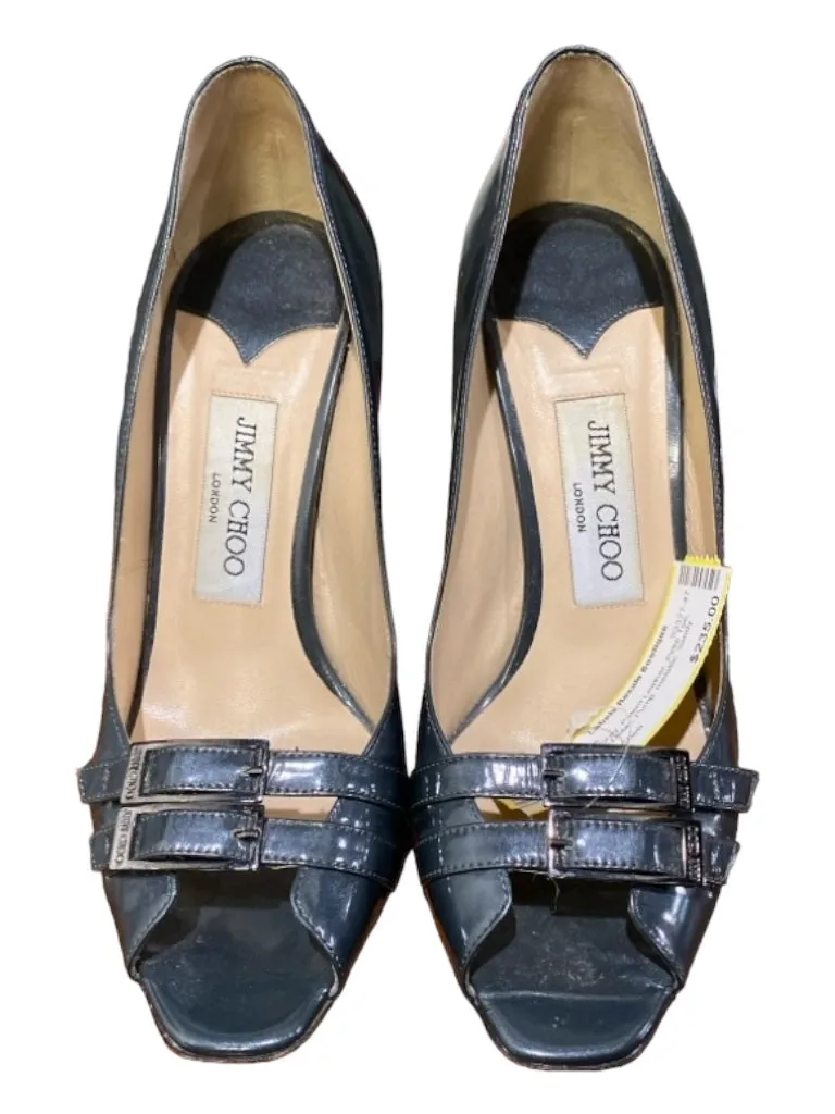 Jimmy Choo Shoe Size 38 Dark Gray Patent Leather Peep Toe Buckle Detail Heels