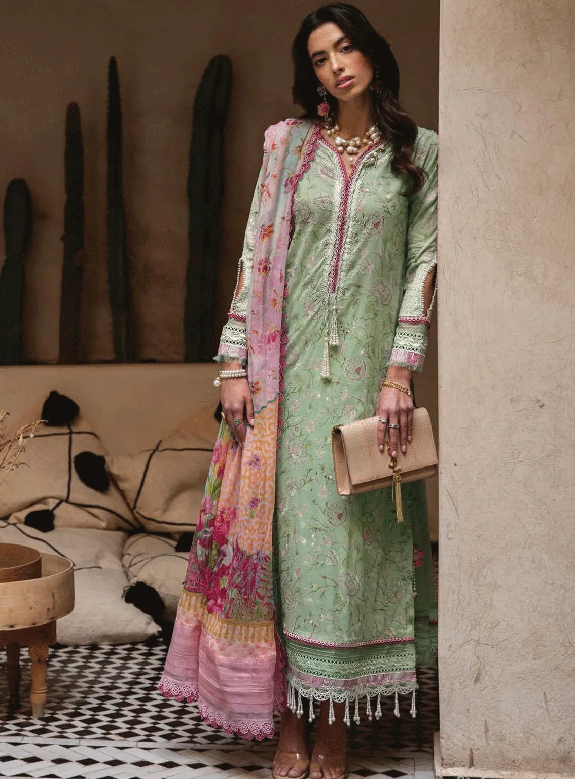 Kesh By Farah Talib Aziz Embroidered Lawn Unstitched 3 Piece Suit - FTA23KL FTA-01 MINT DEBBAGH