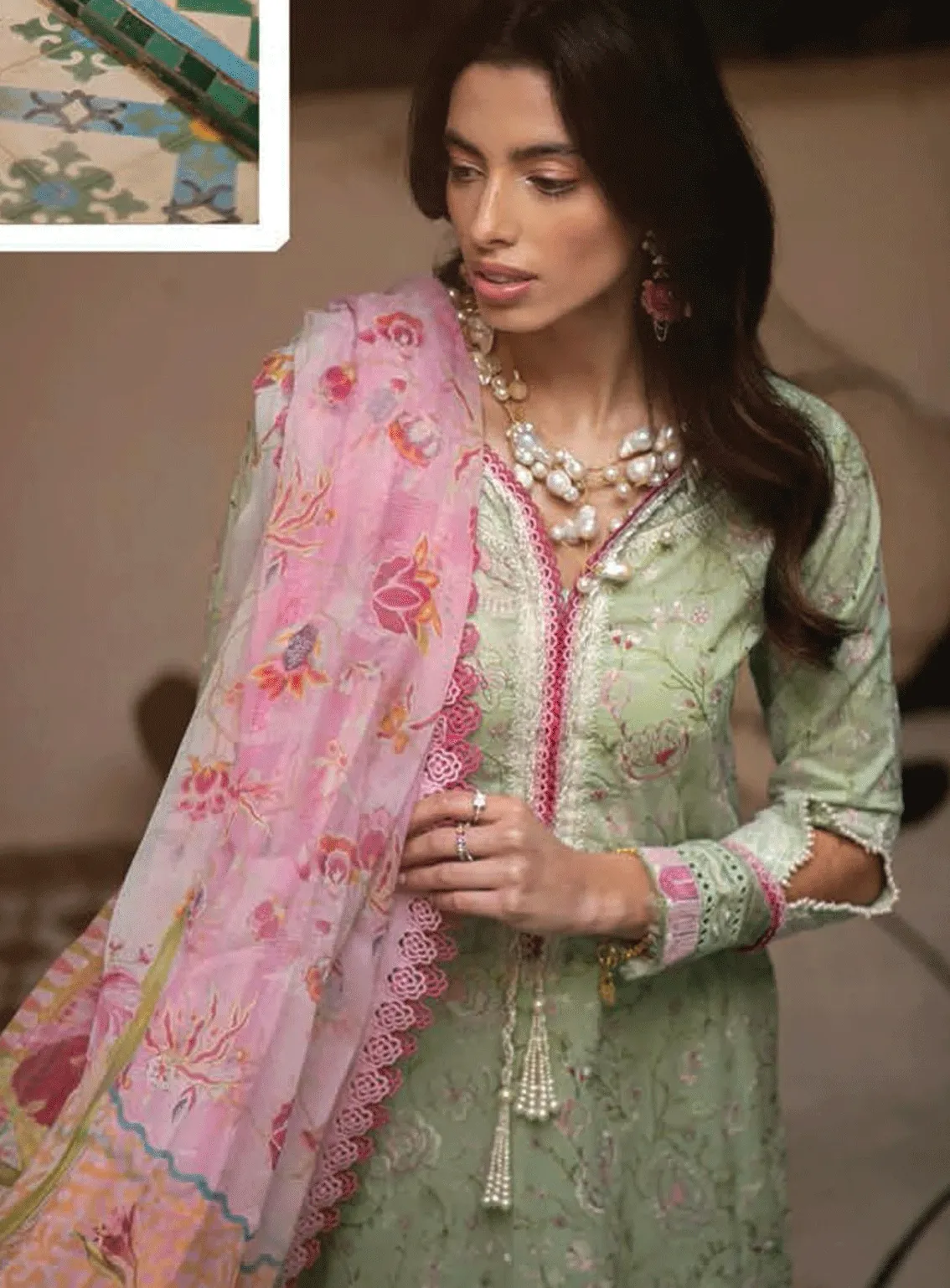 Kesh By Farah Talib Aziz Embroidered Lawn Unstitched 3 Piece Suit - FTA23KL FTA-01 MINT DEBBAGH