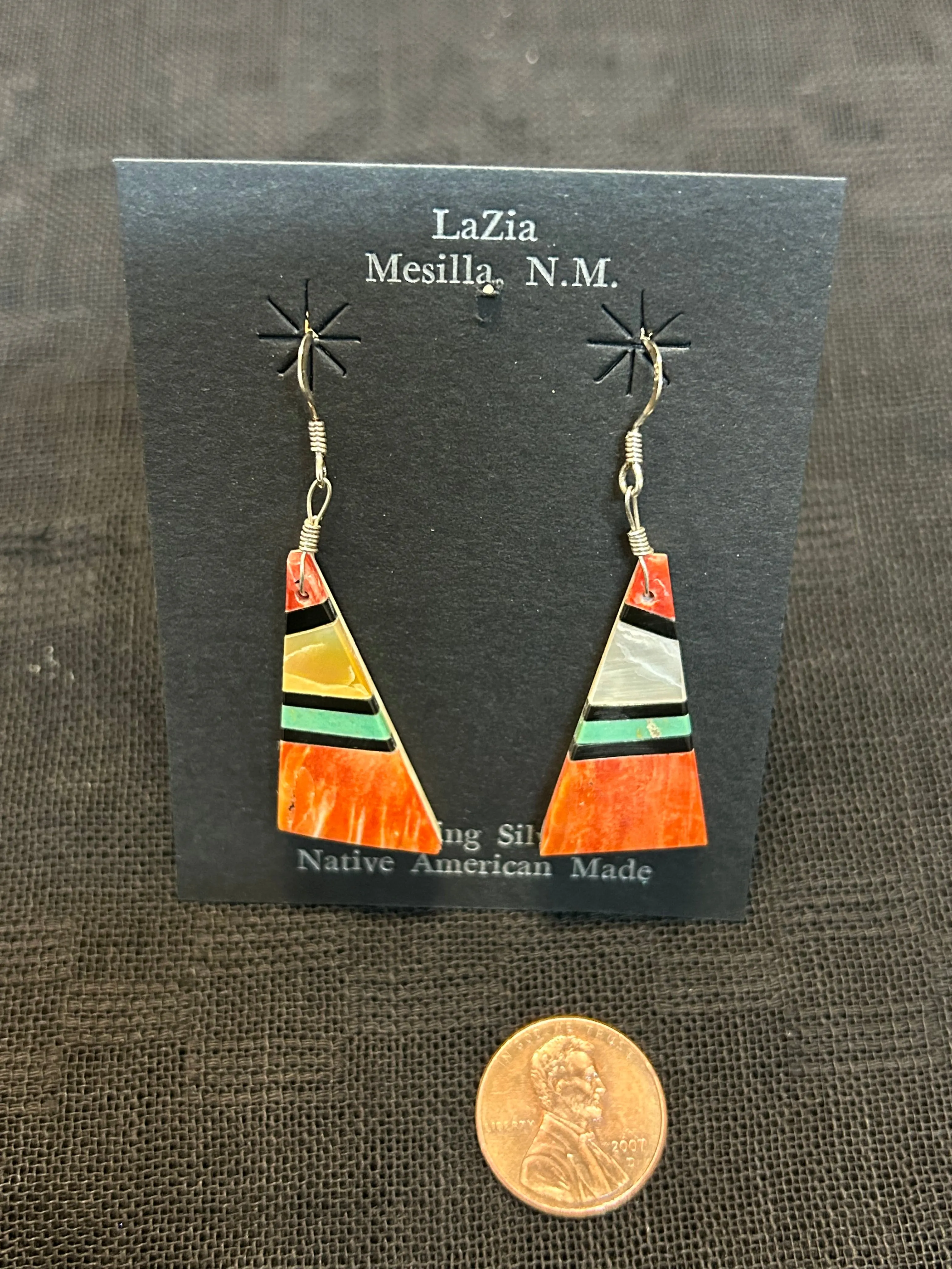 Kewa (Santo Domingo) handcrafted earrings in shell and stone by James Crespin.  LZ030