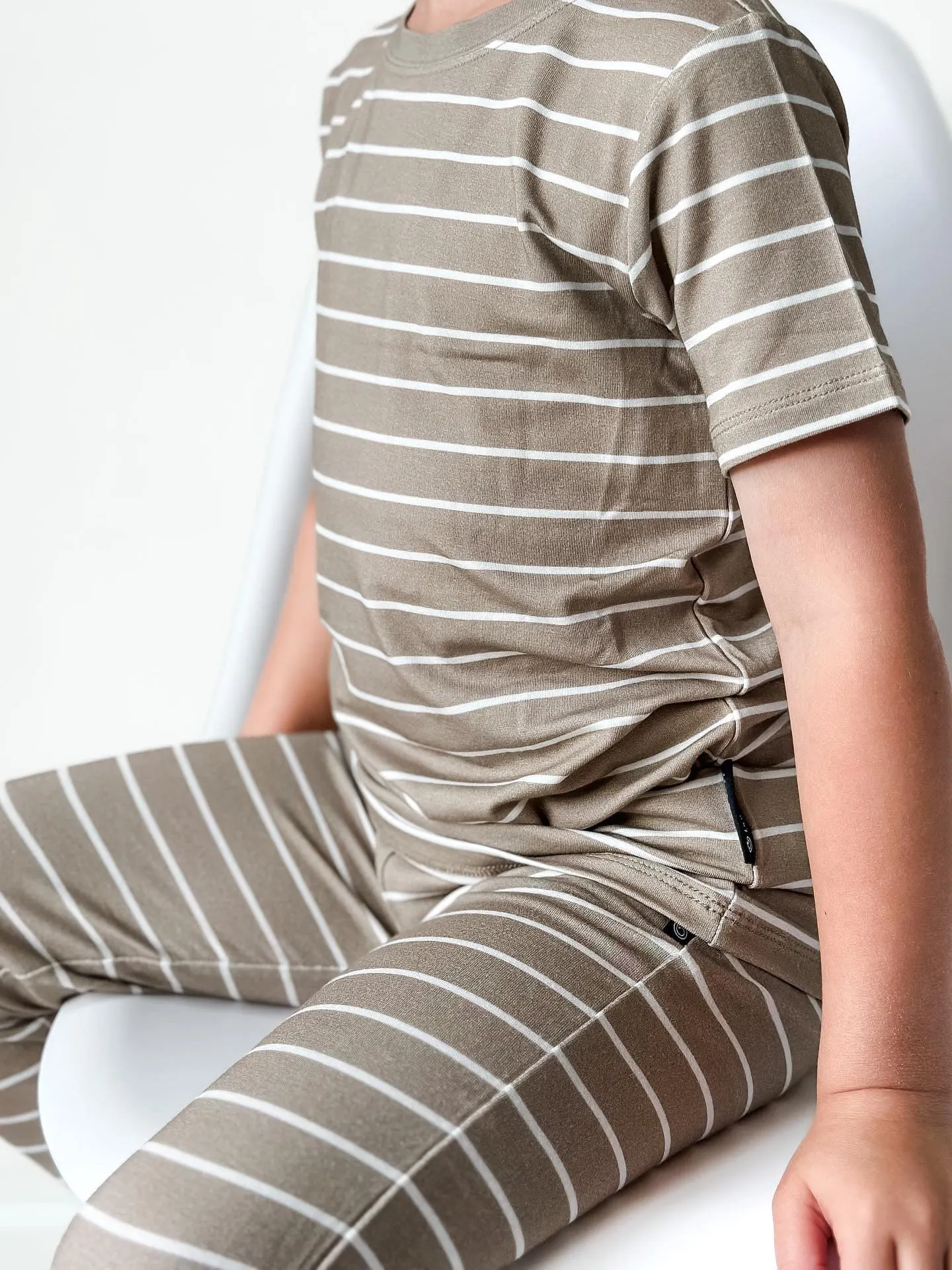 LB x Baby Breez Short Sleeve Pinstripe 2 Piece Pajamas - Khaki Green and White