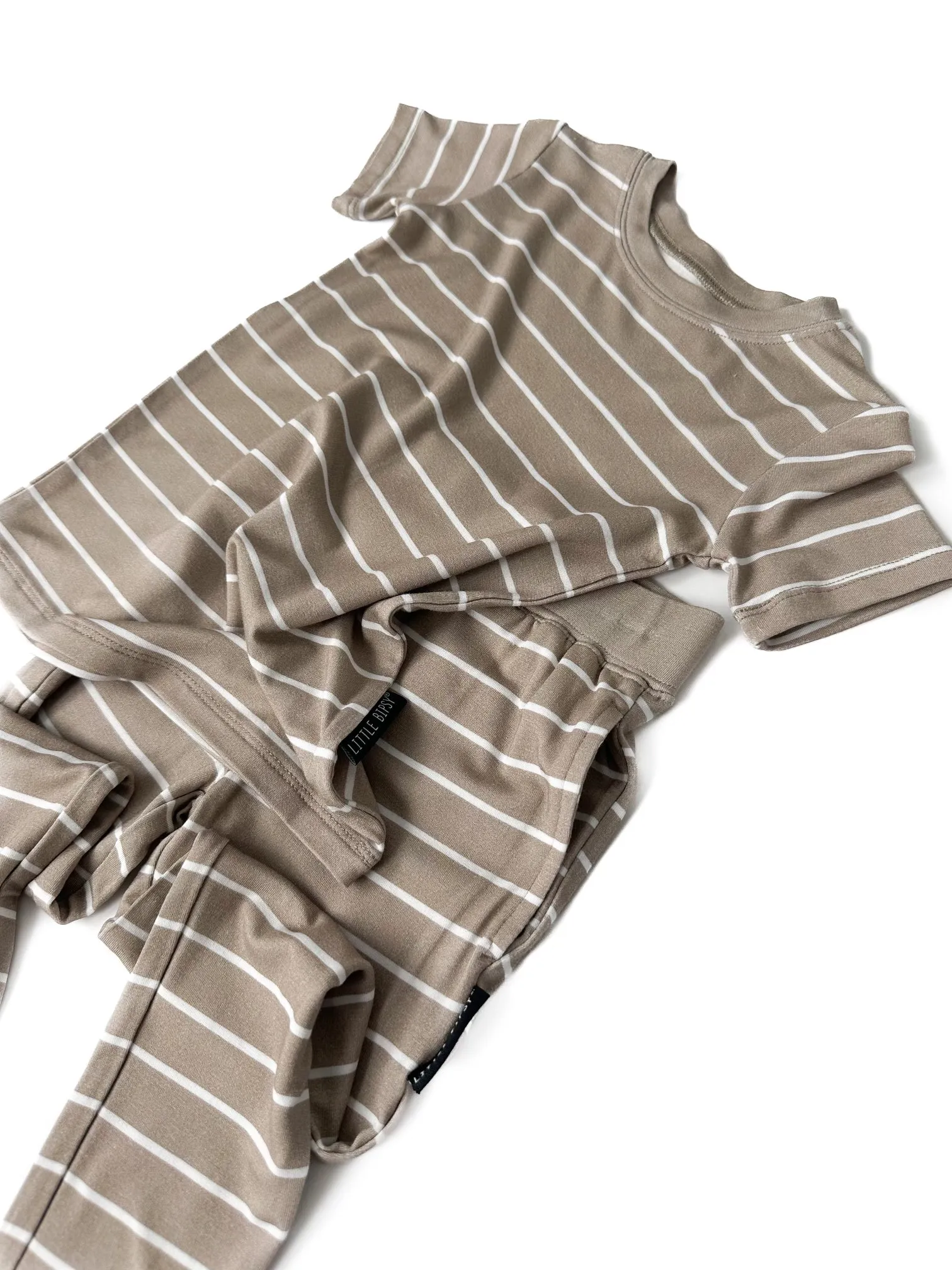 LB x Baby Breez Short Sleeve Pinstripe 2 Piece Pajamas - Khaki Green and White