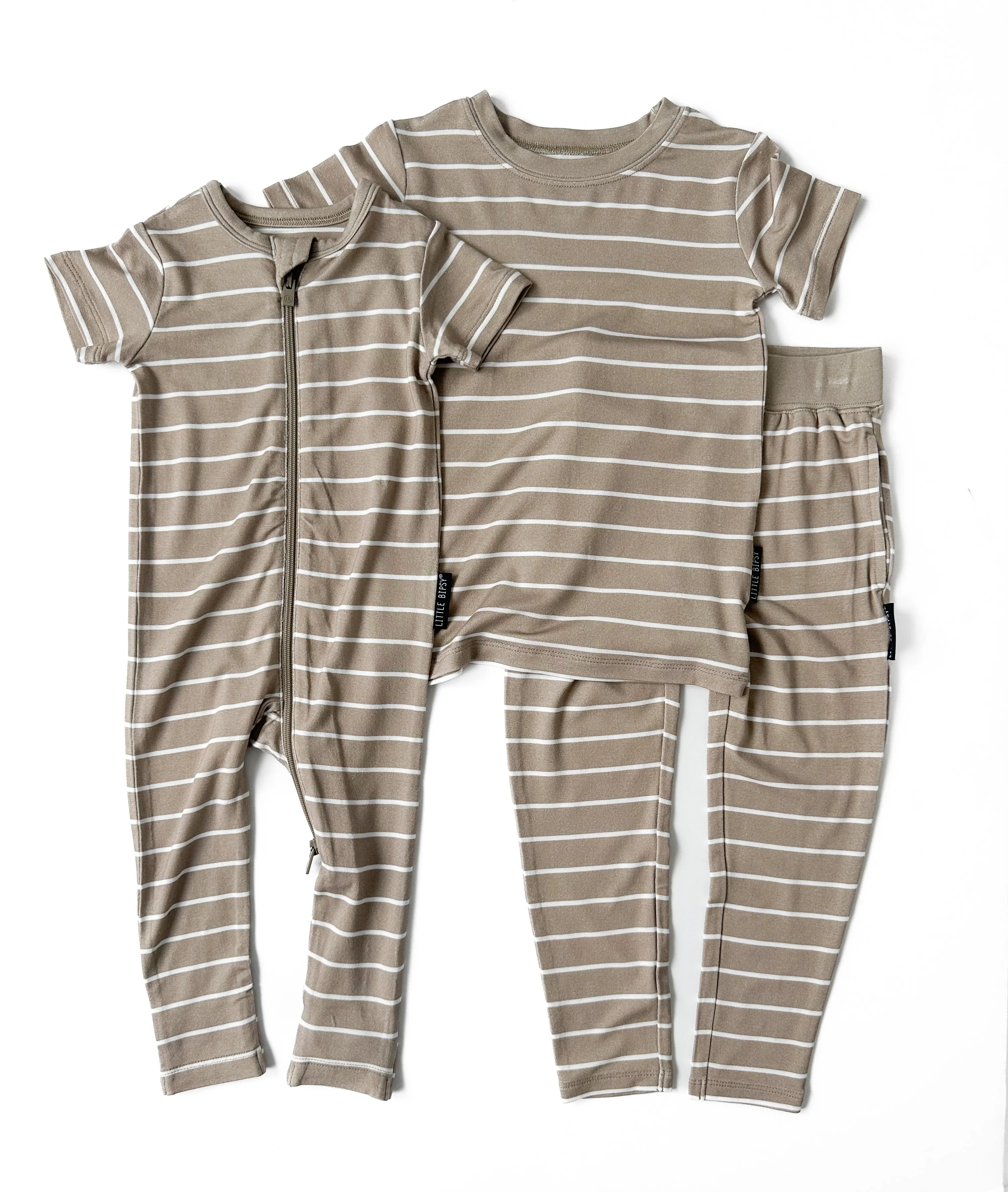 LB x Baby Breez Short Sleeve Pinstripe 2 Piece Pajamas - Khaki Green and White