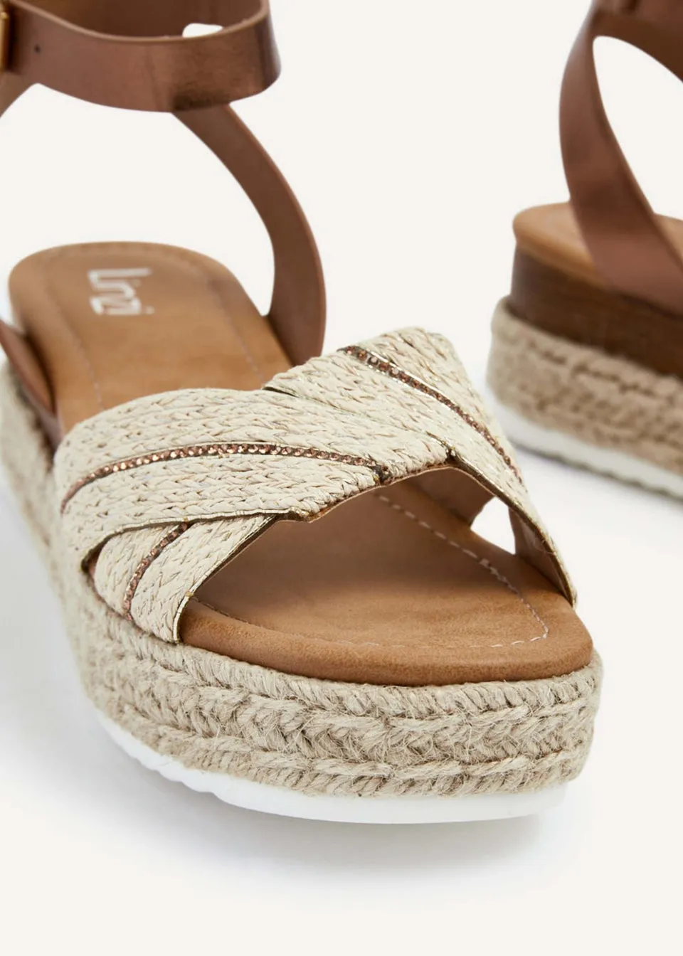 Linzi Hazel Bronze Faux Leather Raffia Espadrille Inspired Flatform Sandal