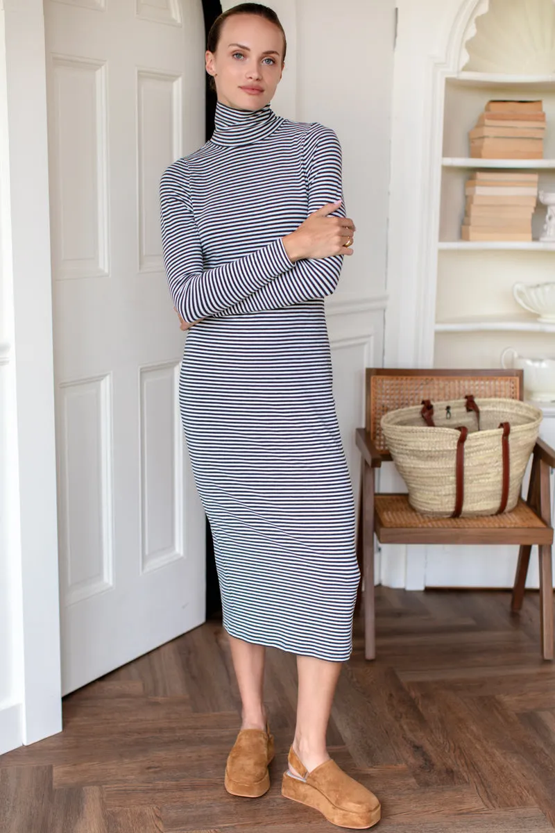 Little Turtleneck Midi Dress - Charcoal + Ivory Stripe