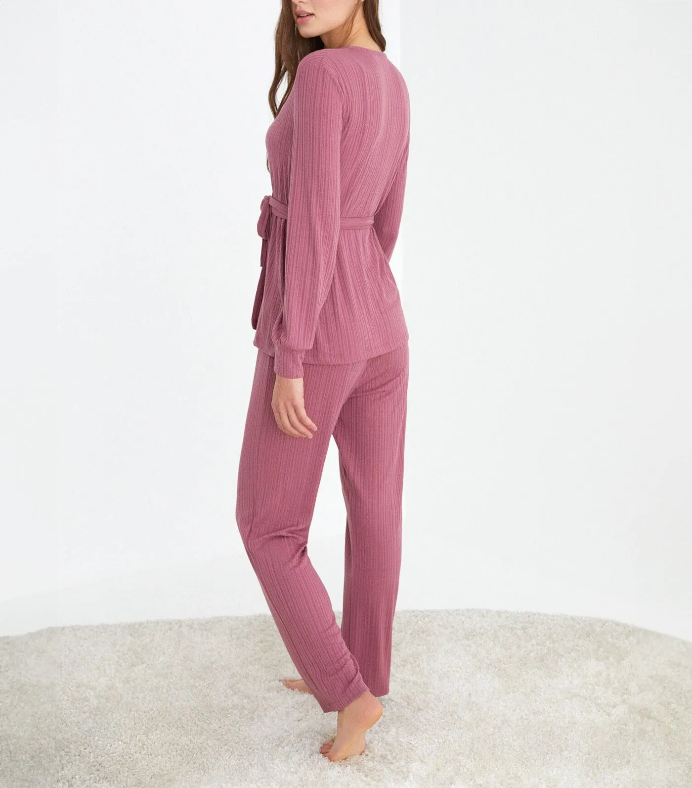 Long Ribbed Pajamas Set Pink