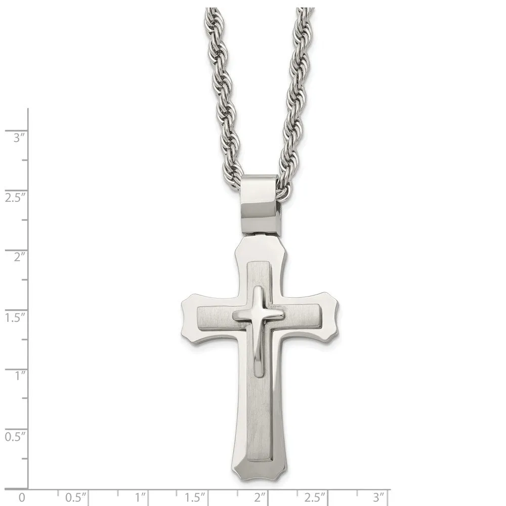 Men's Stainless Steel Large Triple Layer Cross Necklace, 24 Inch