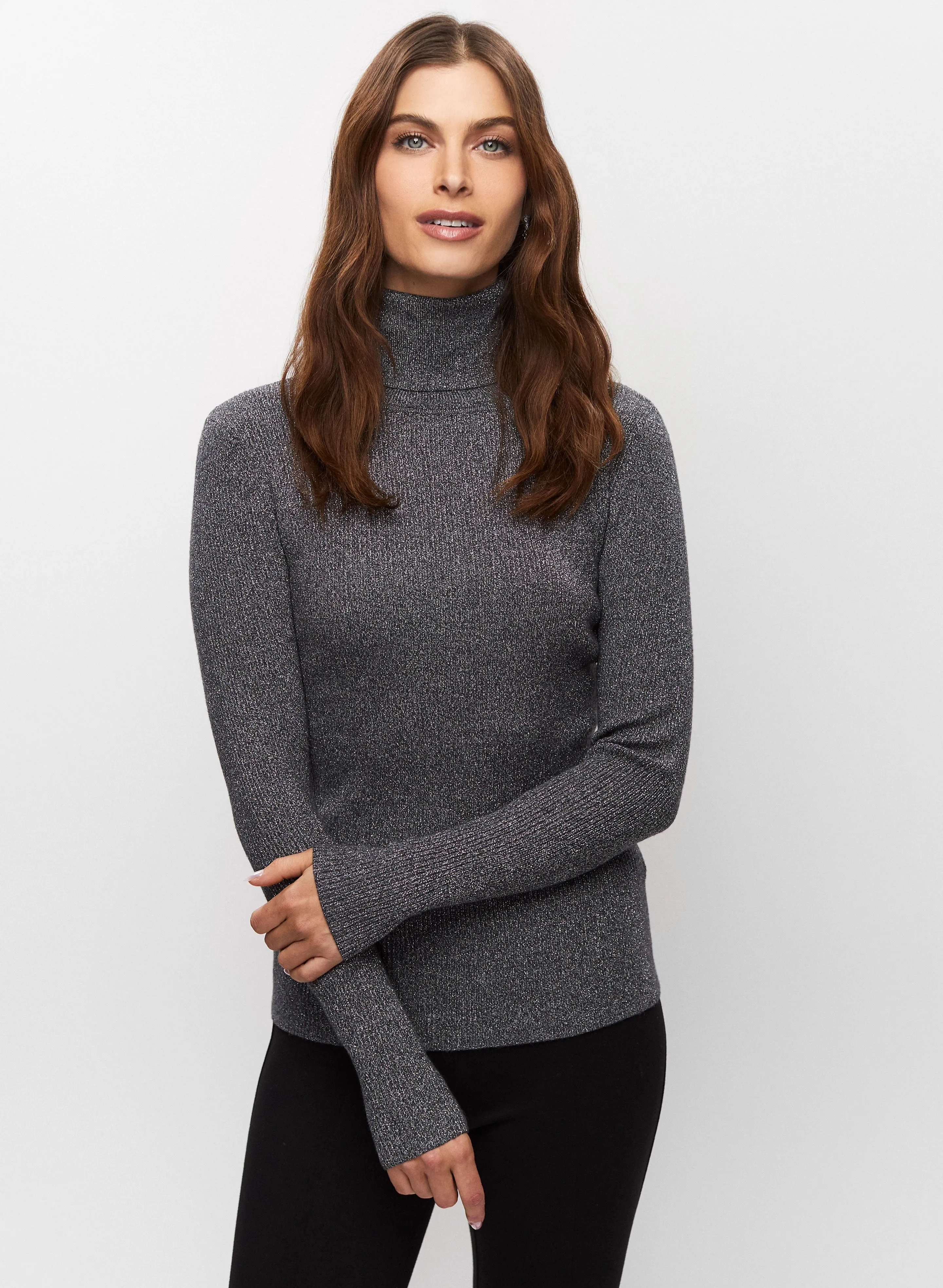 Metallic Rib Knit Turtleneck Sweater