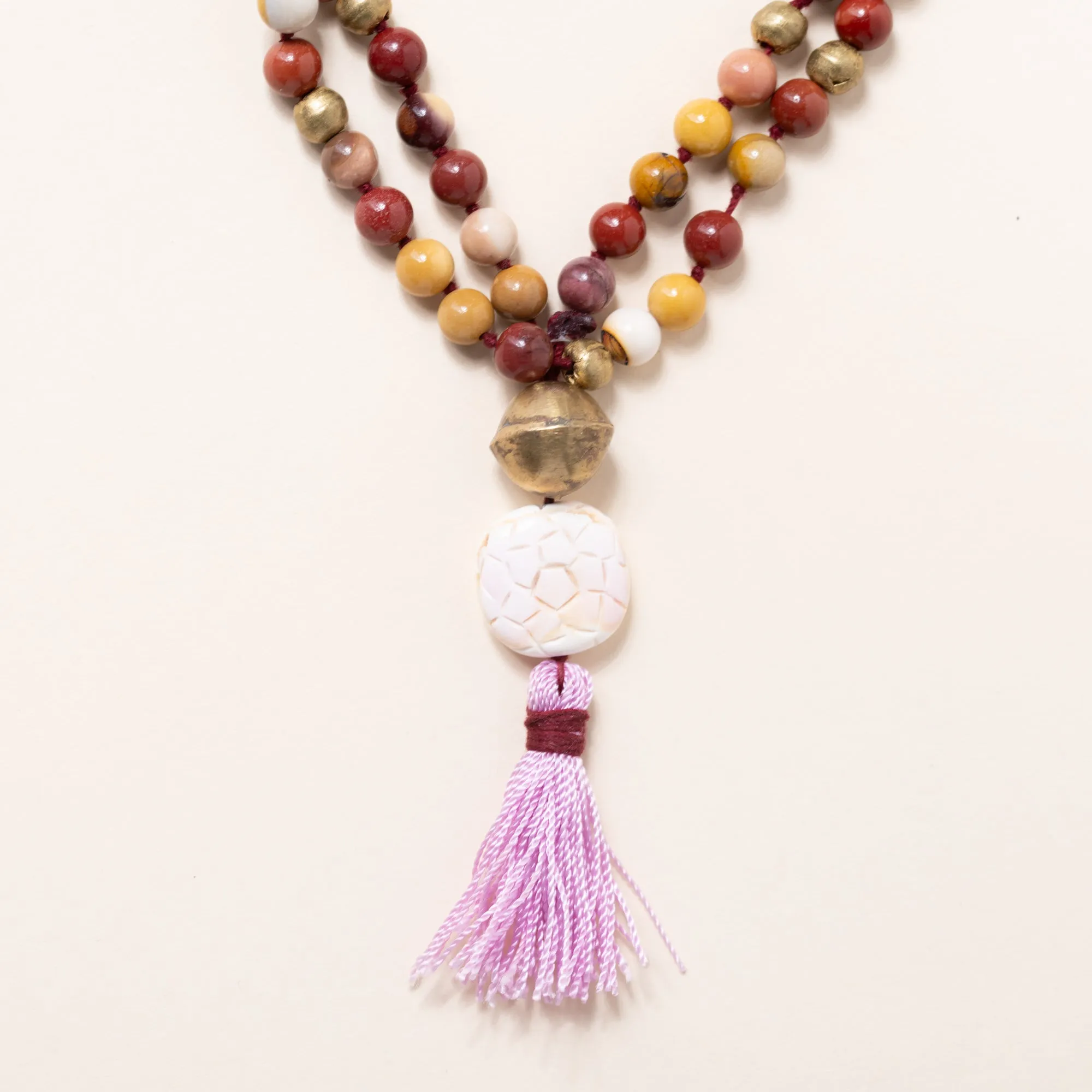 Mookaite, Carved Shell & Brass Mala