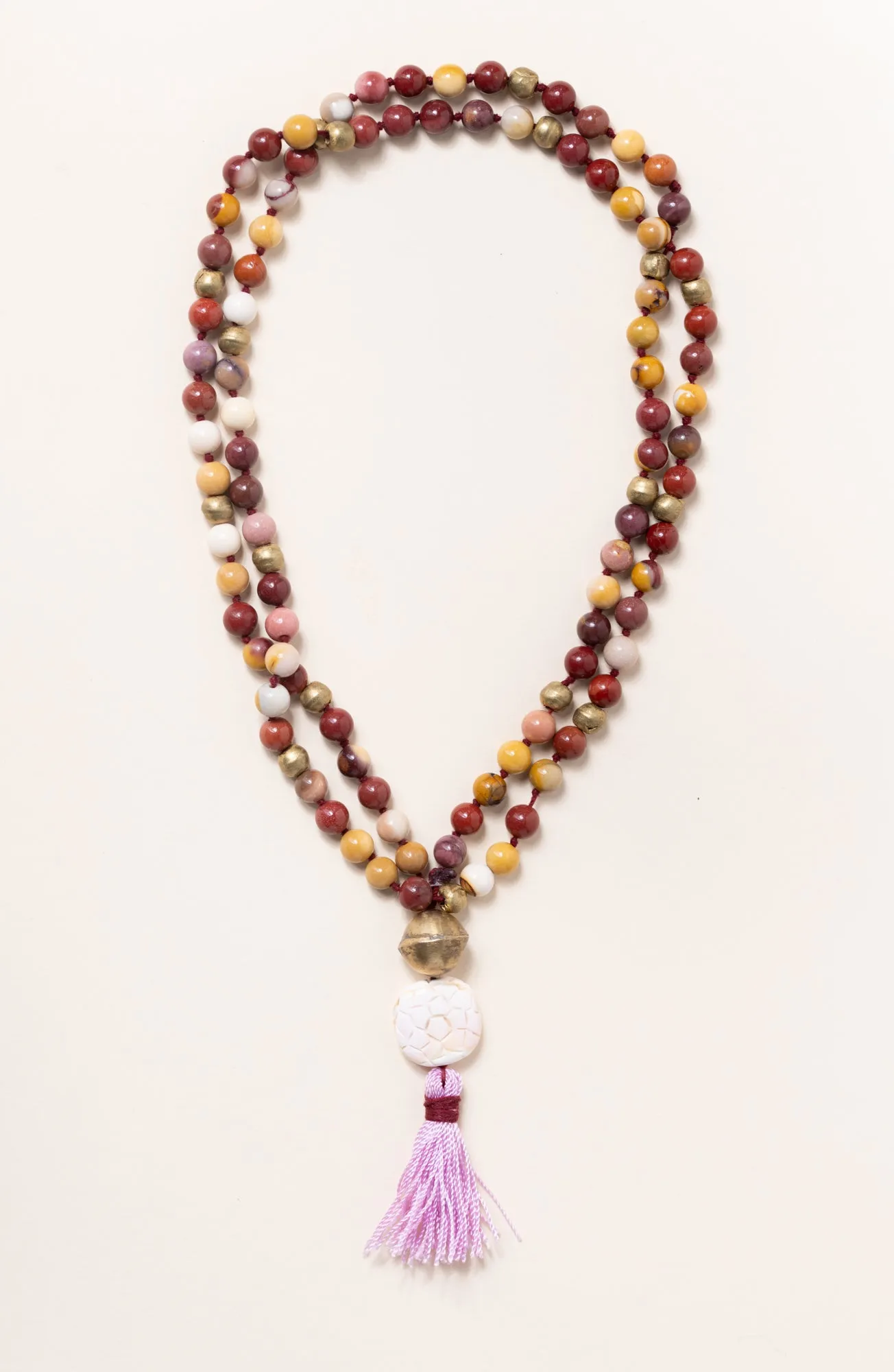 Mookaite, Carved Shell & Brass Mala