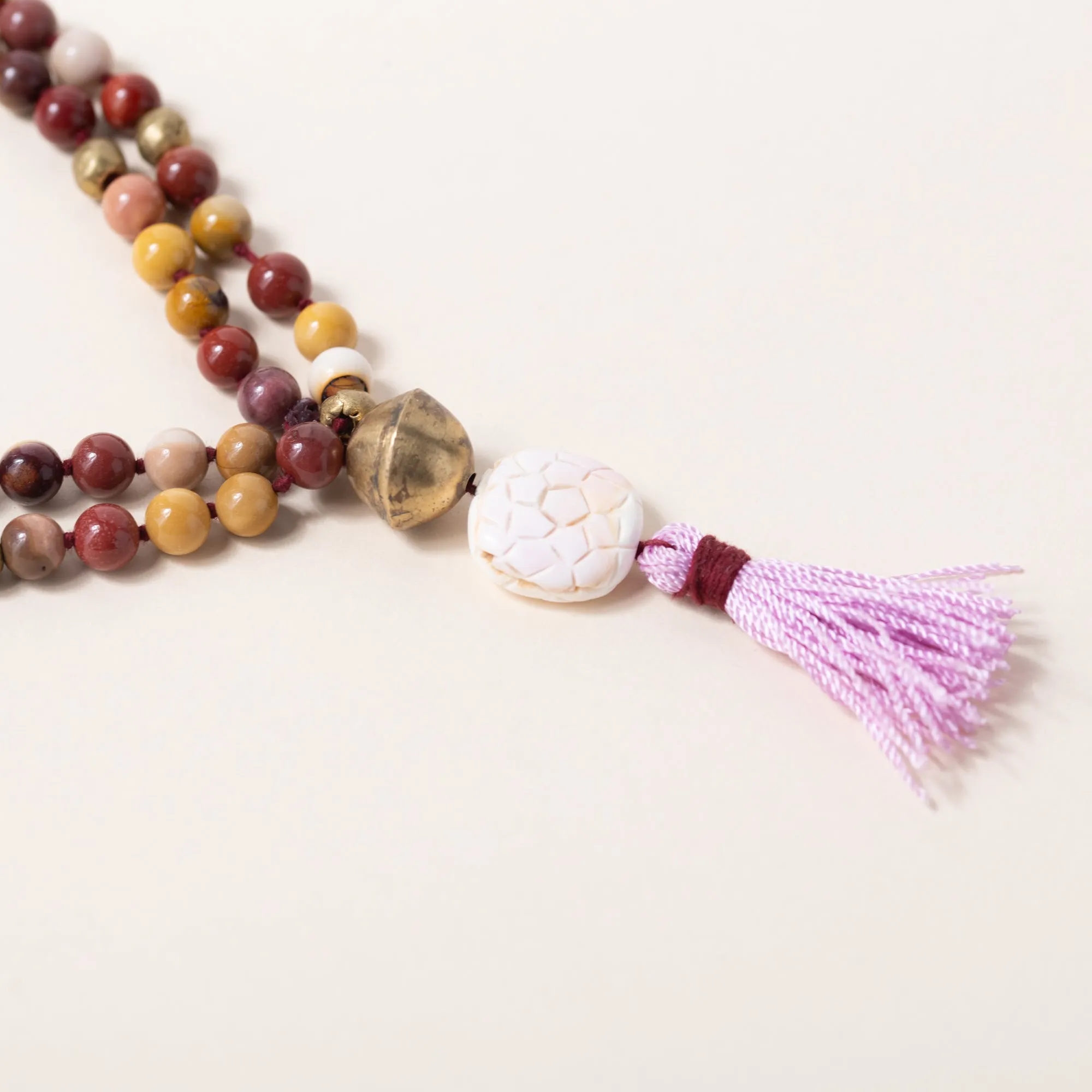 Mookaite, Carved Shell & Brass Mala