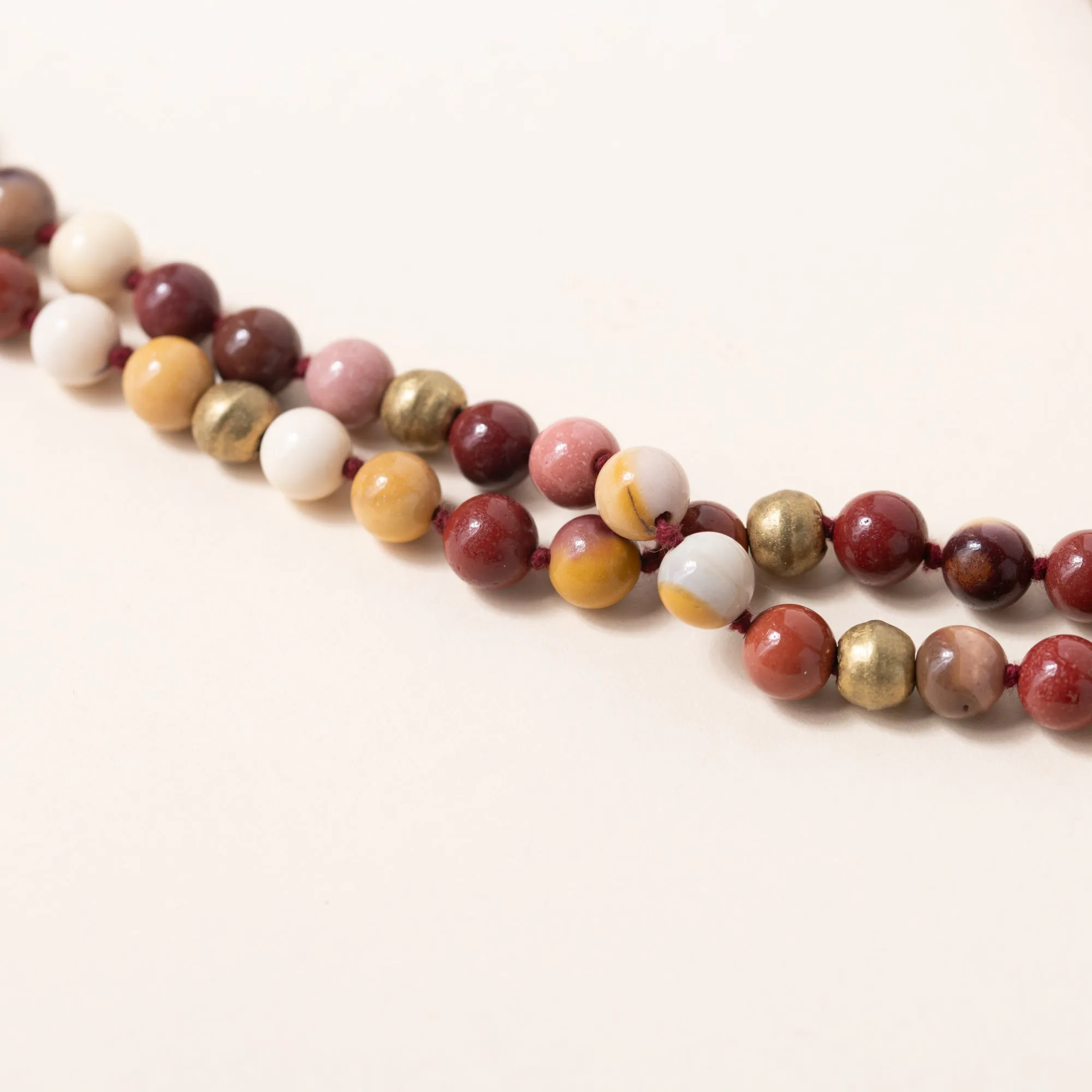 Mookaite, Carved Shell & Brass Mala