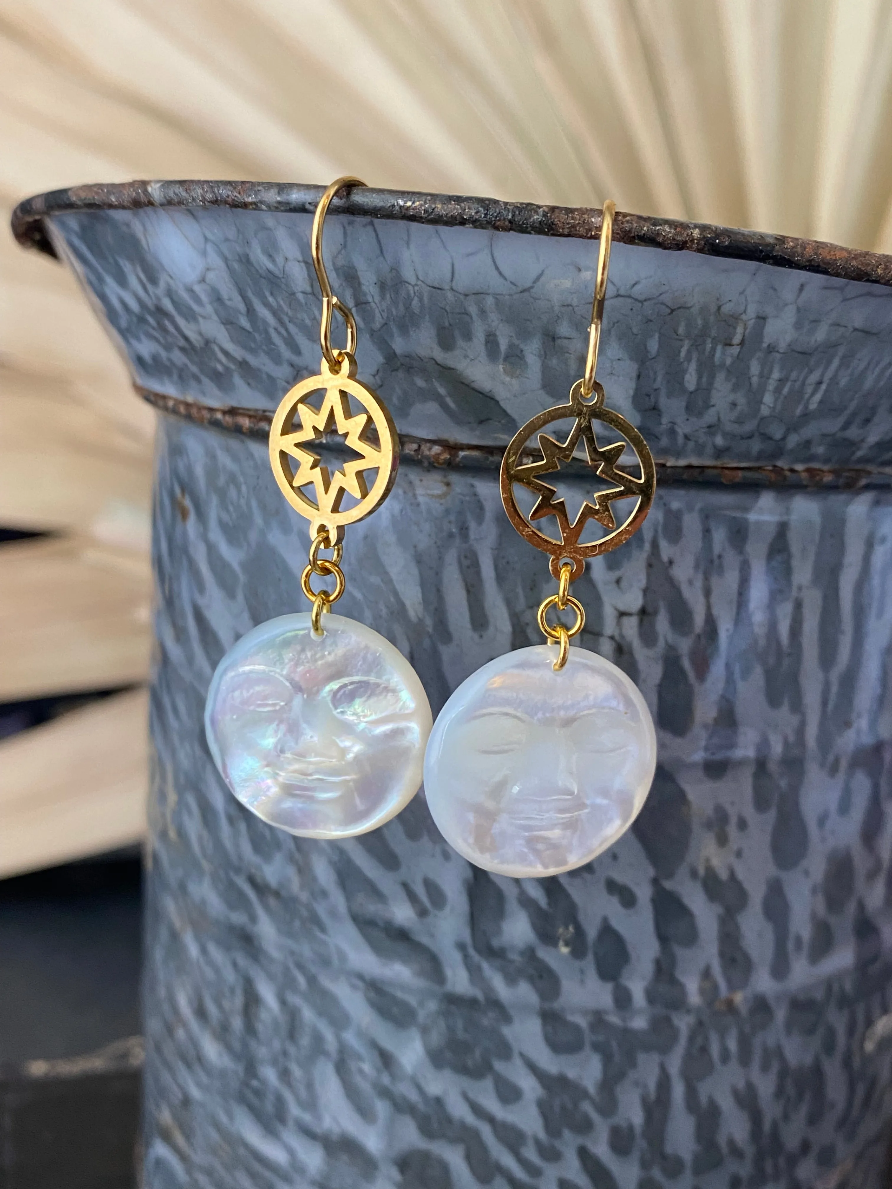 Moon shell pearl face charms, gold metal, earrings