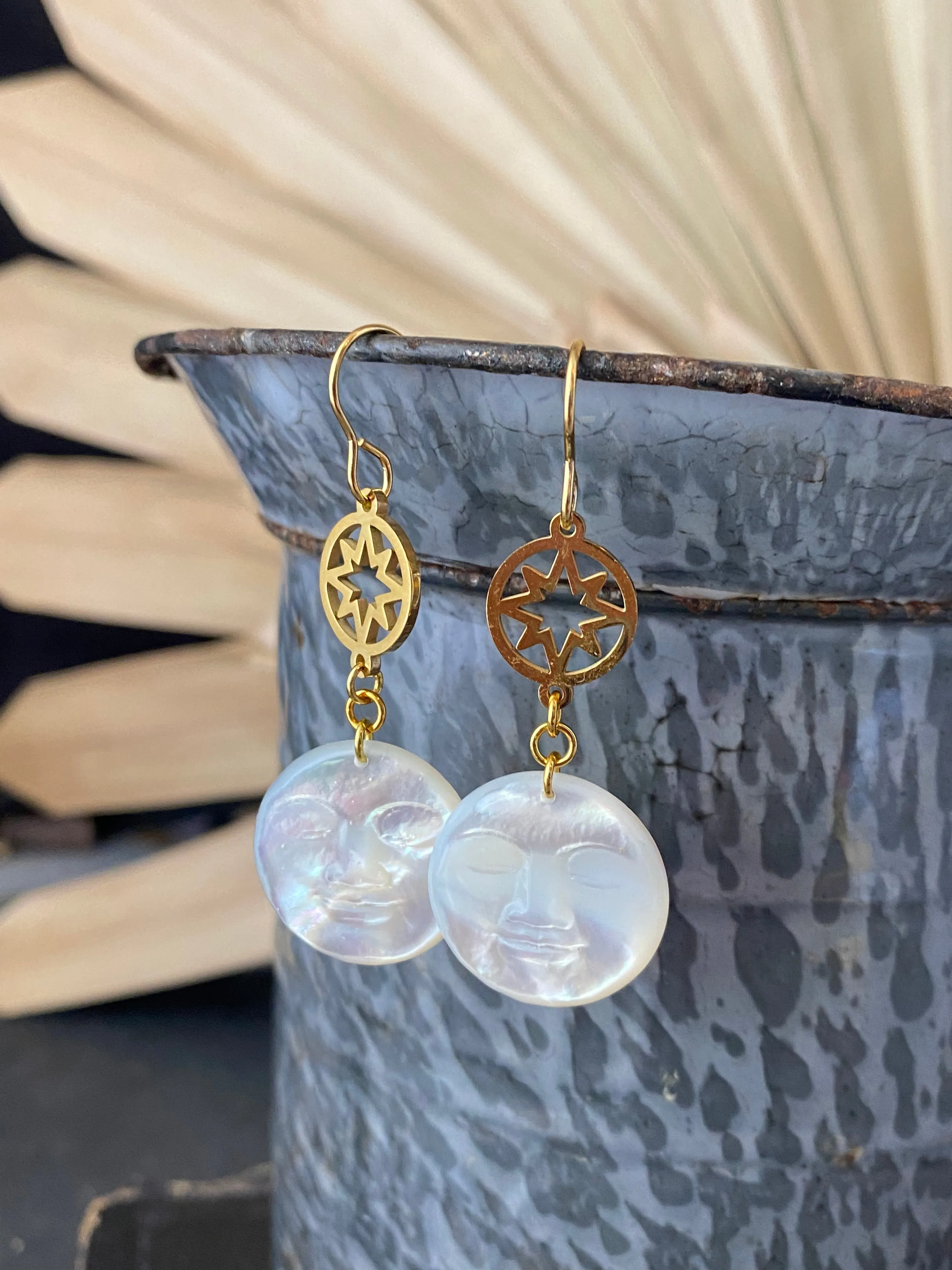 Moon shell pearl face charms, gold metal, earrings