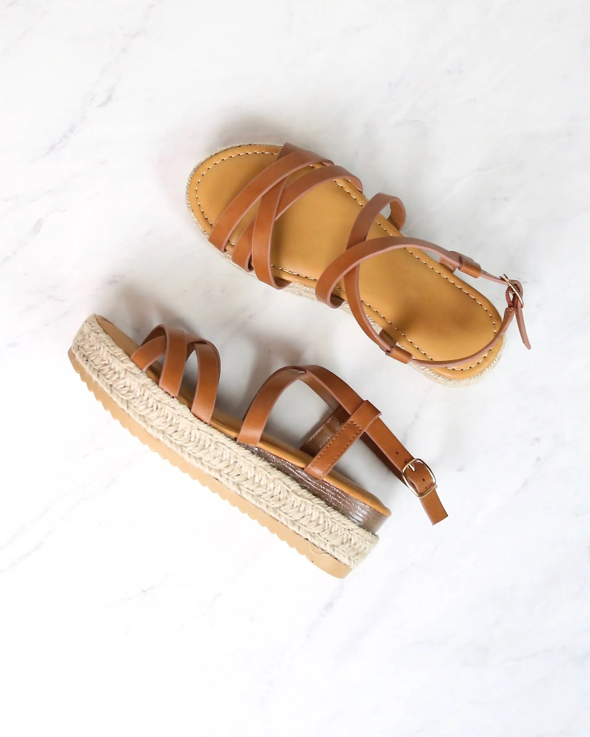 Multi Bands Crossed-Strap Espadrille Platform Sandal with Ankle Strap in Tan