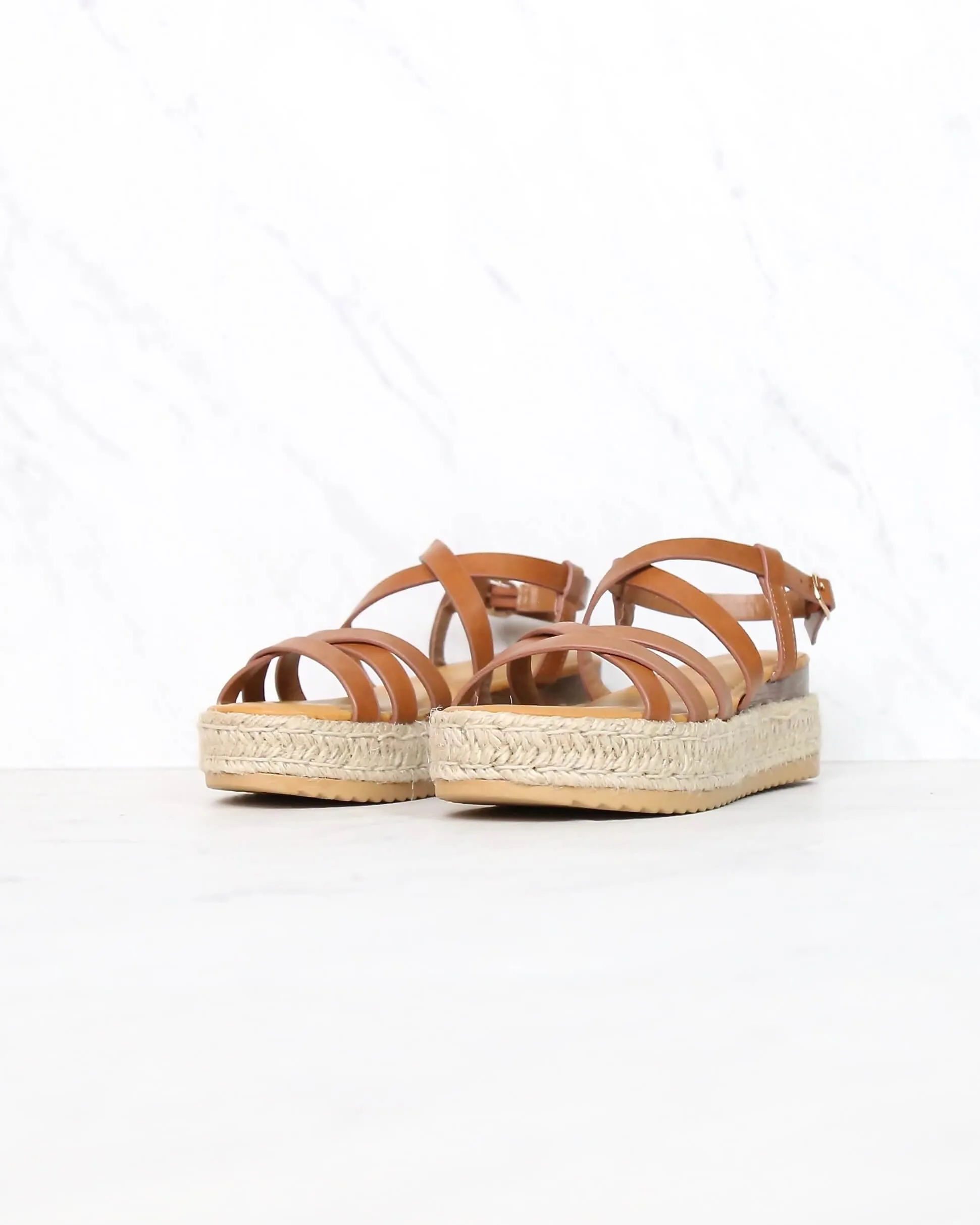 Multi Bands Crossed-Strap Espadrille Platform Sandal with Ankle Strap in Tan