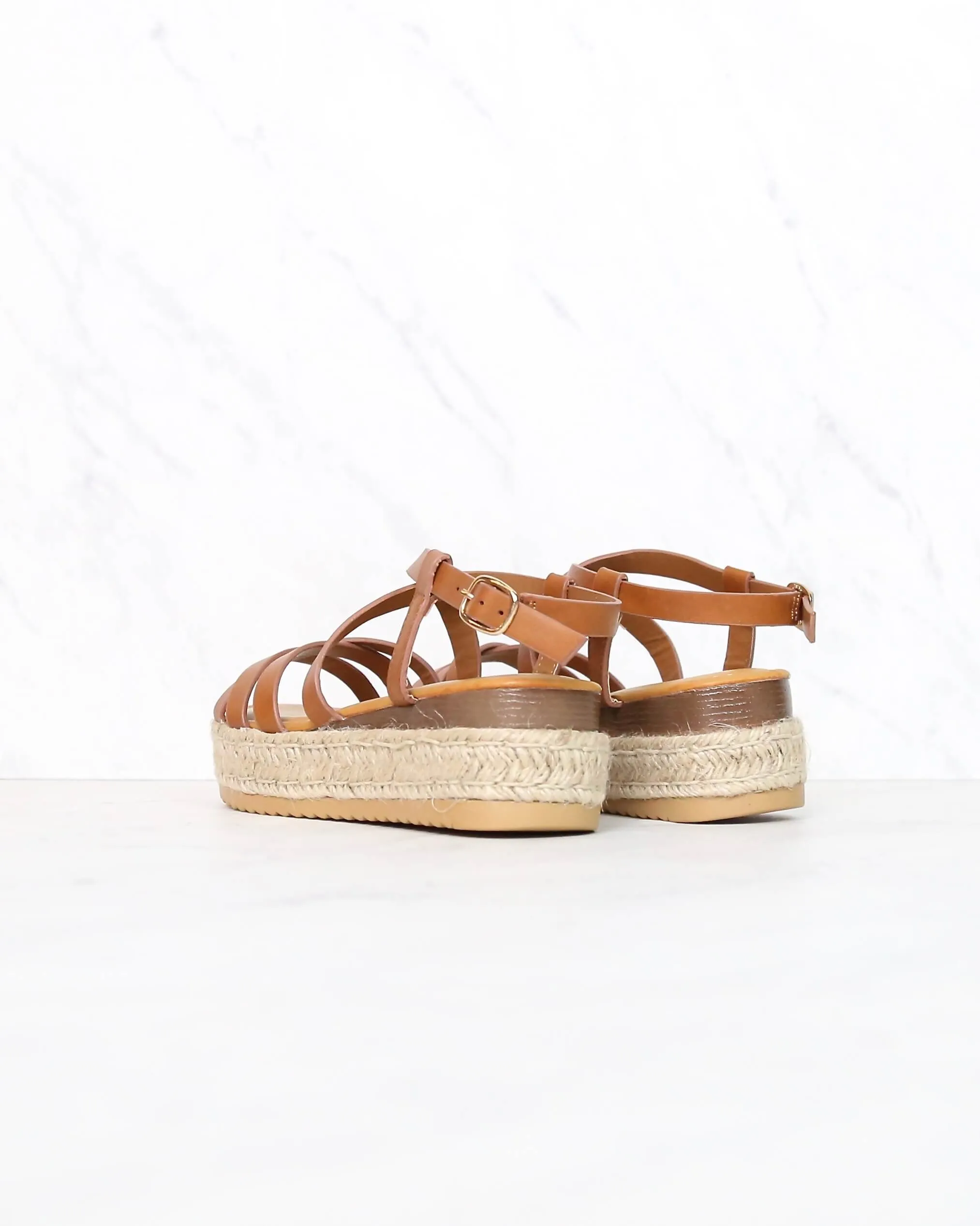 Multi Bands Crossed-Strap Espadrille Platform Sandal with Ankle Strap in Tan