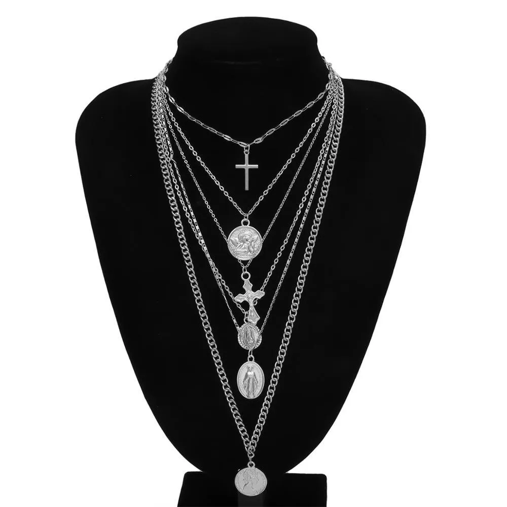 Multi-Layer Pendant Necklace - Cross and Virgin Mary