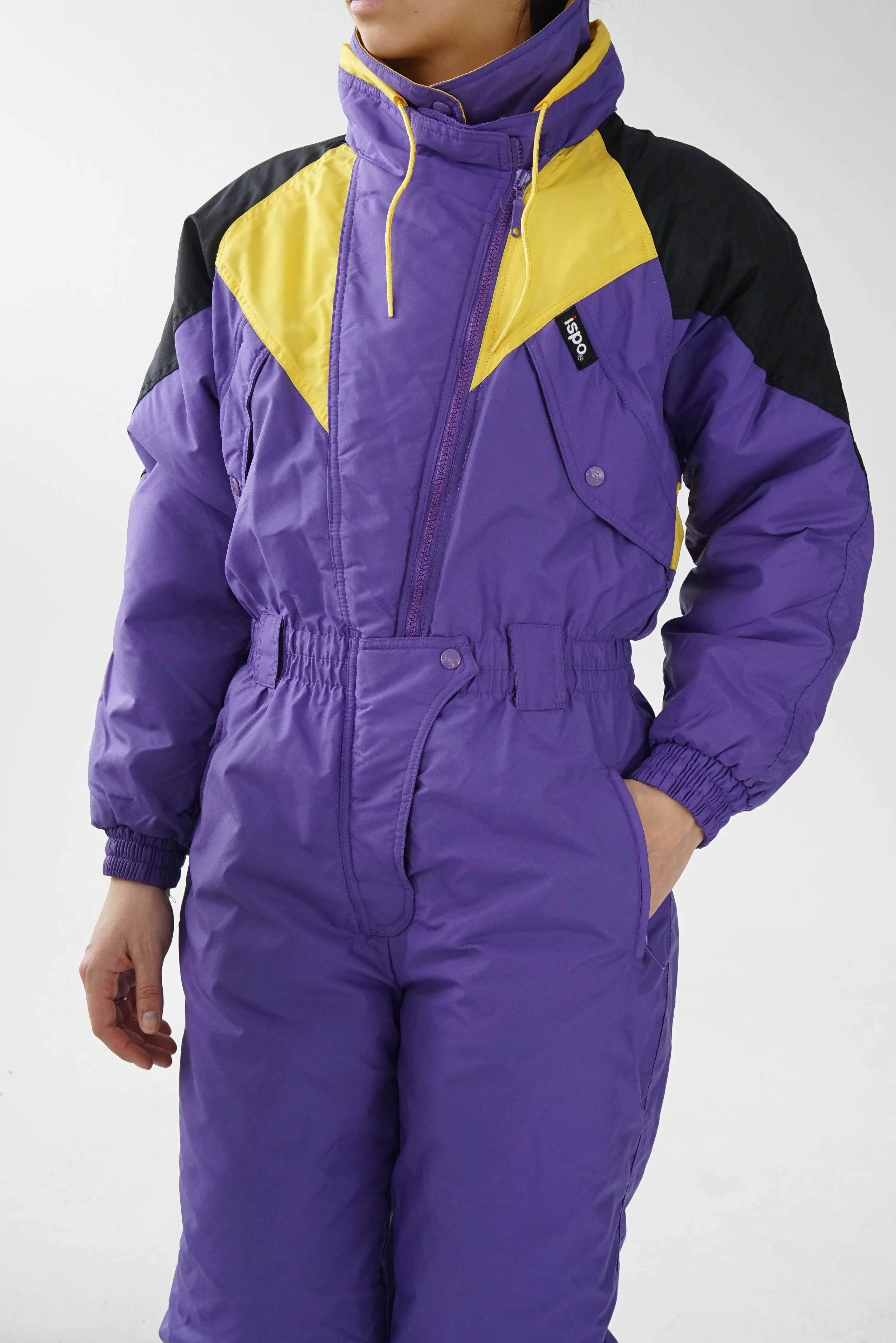 One piece ski suit vintage Ispo mauve et jaune pour homme taille S