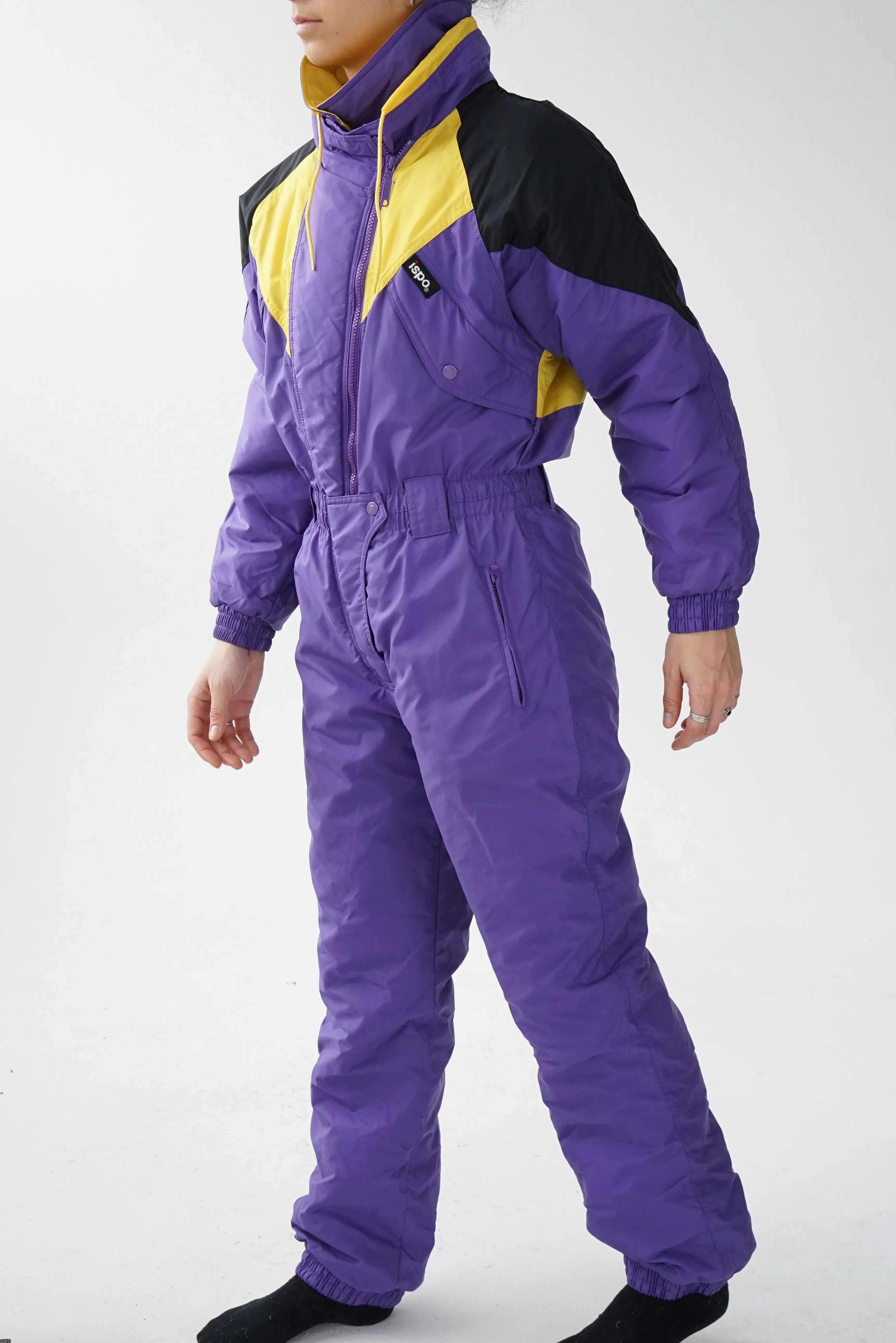 One piece ski suit vintage Ispo mauve et jaune pour homme taille S