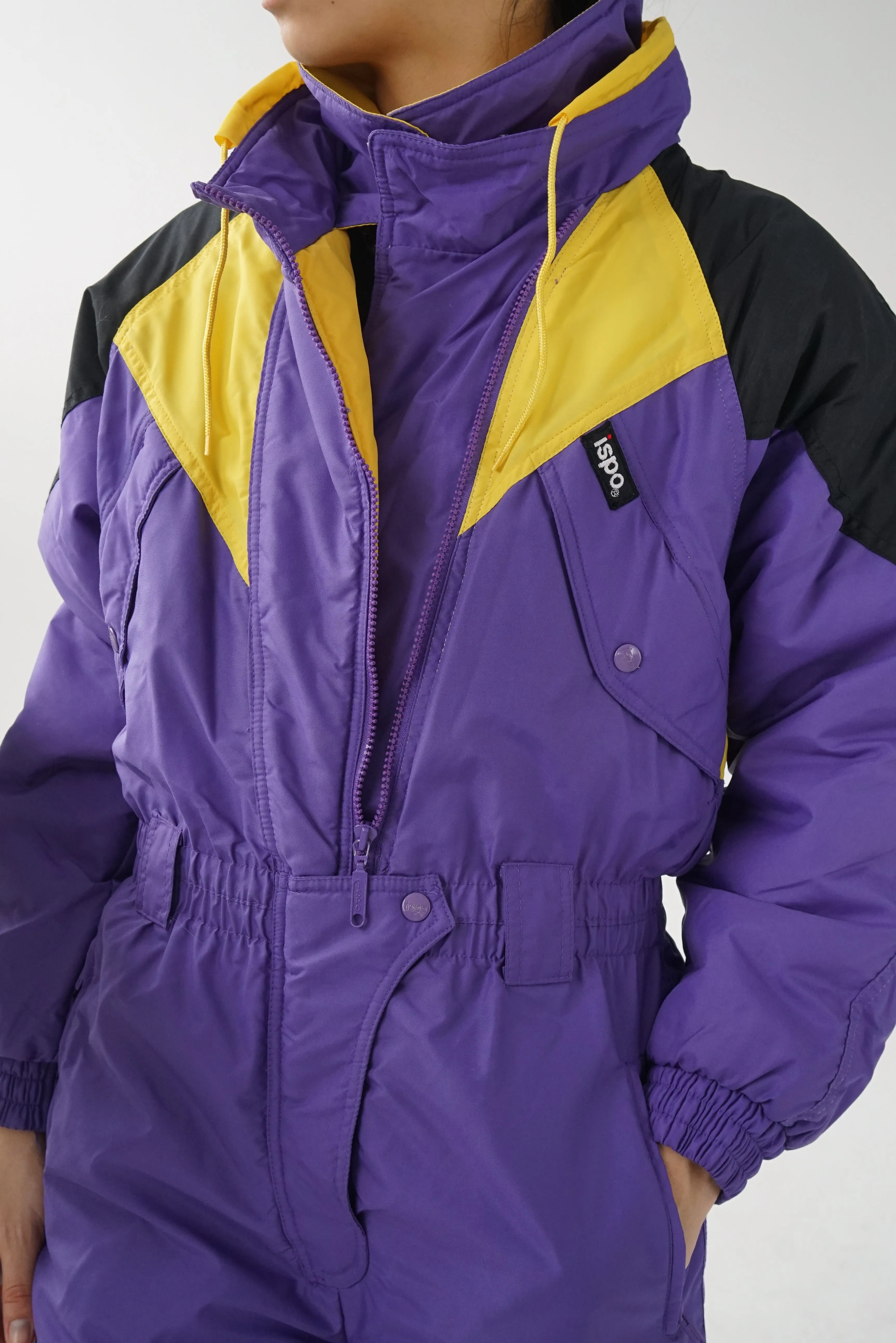 One piece ski suit vintage Ispo mauve et jaune pour homme taille S