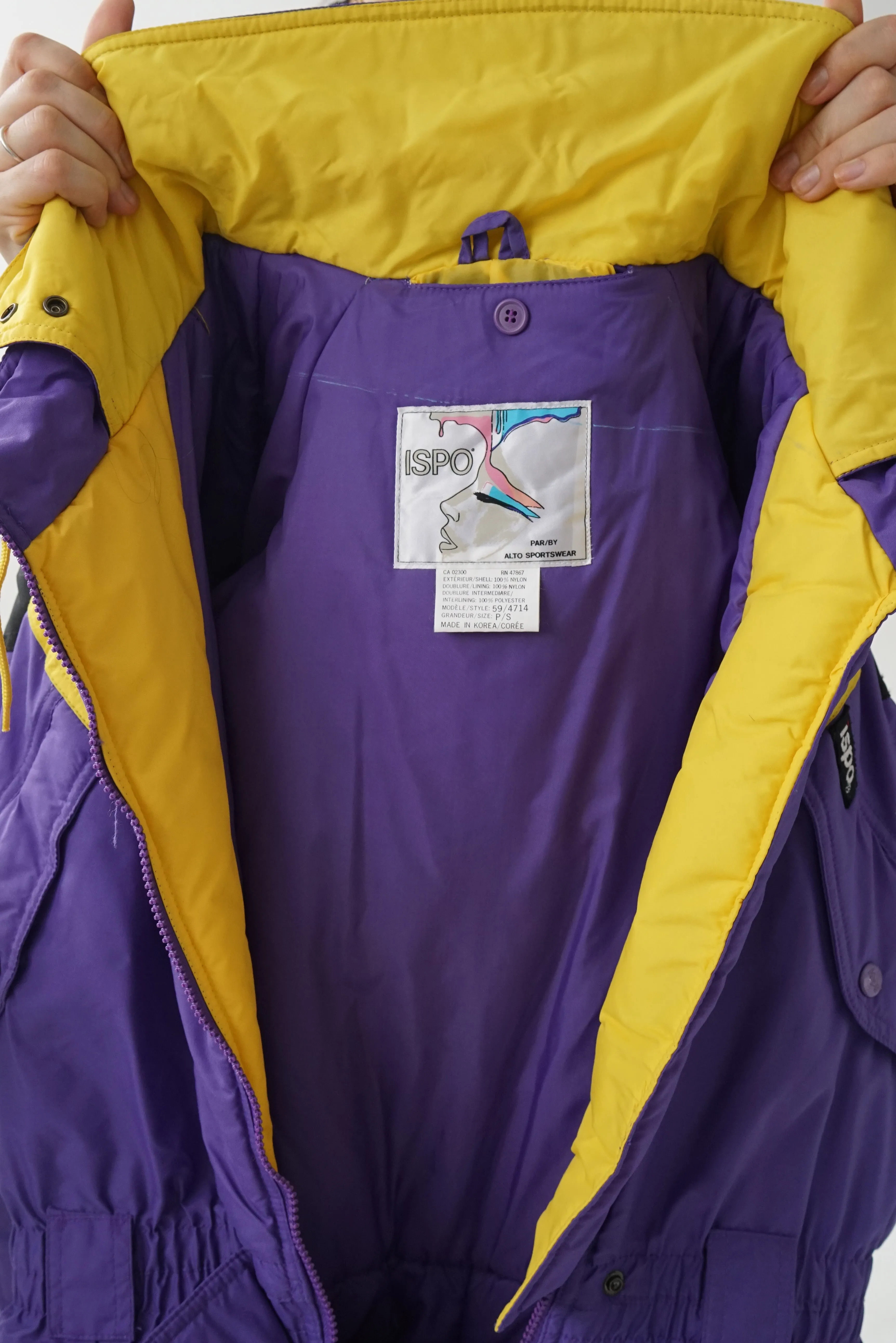 One piece ski suit vintage Ispo mauve et jaune pour homme taille S