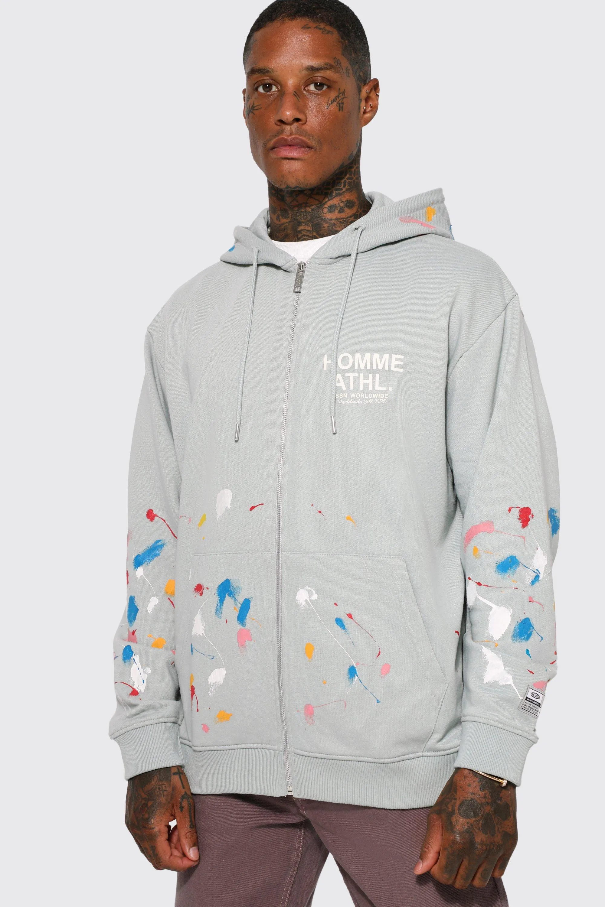 Oversized Paint Splatter Zip Through Hoodie