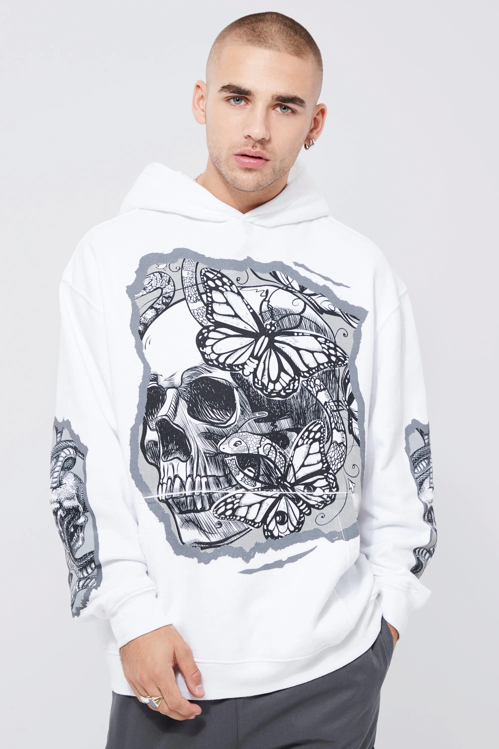 Oversized Skull Print Hoodie | boohooMAN UK