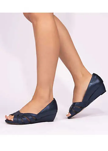 Paradox London Navy Wide Fit Shimmer Peep Toe Wedge Sandals | Grattan