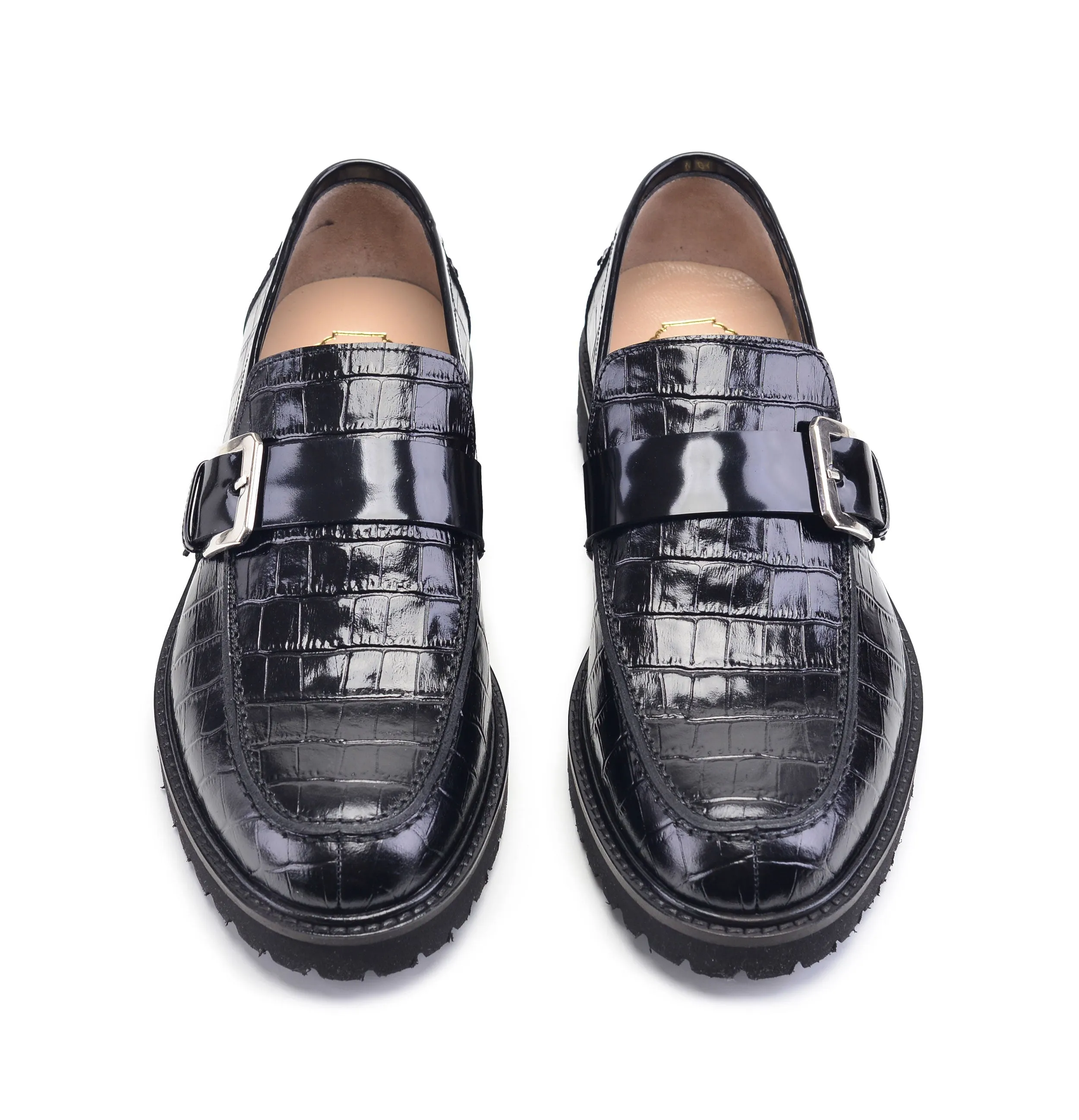 Pelle Crocodile Embossed Calfskin Slip-On Loafer Black