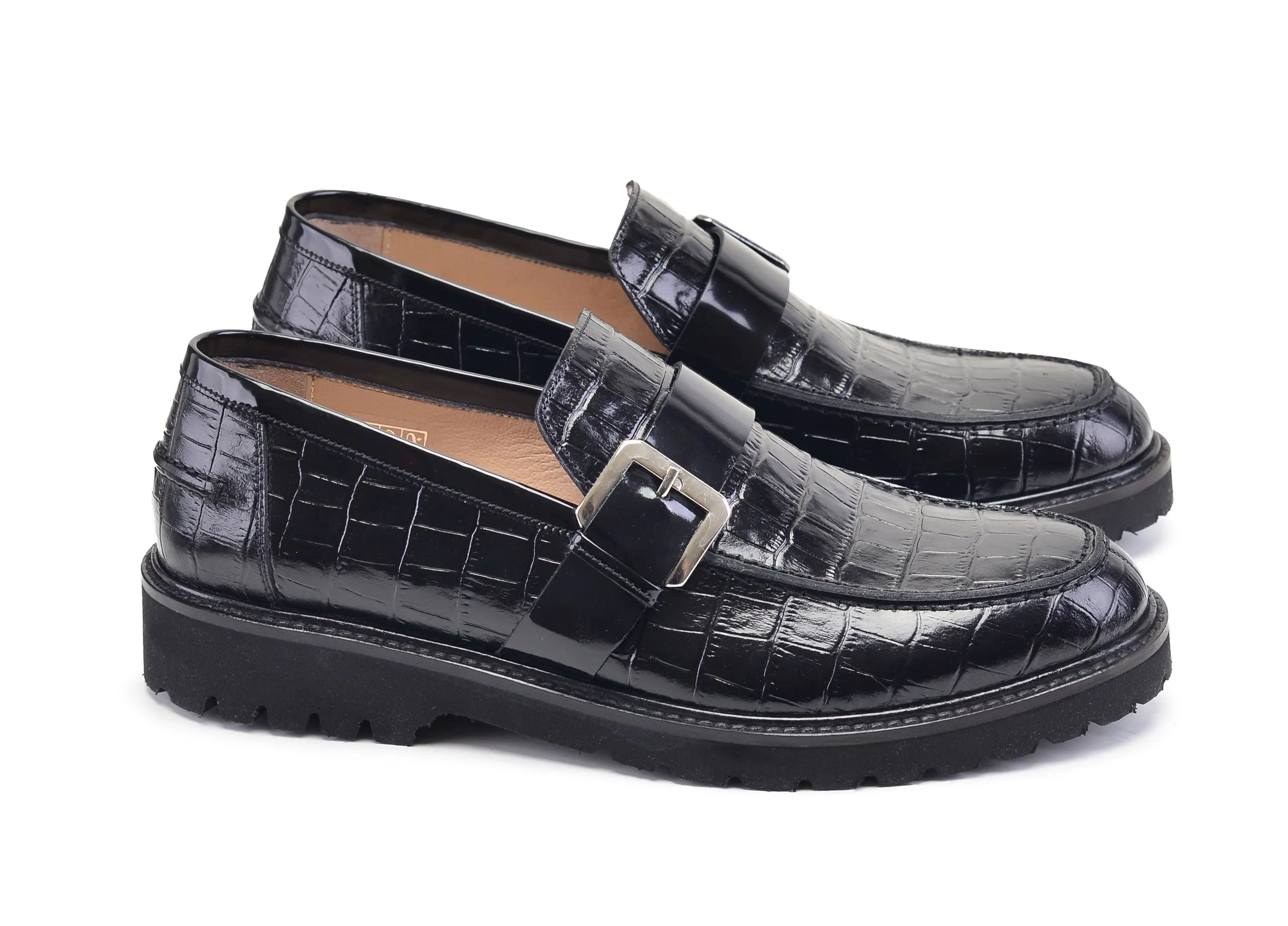 Pelle Crocodile Embossed Calfskin Slip-On Loafer Black