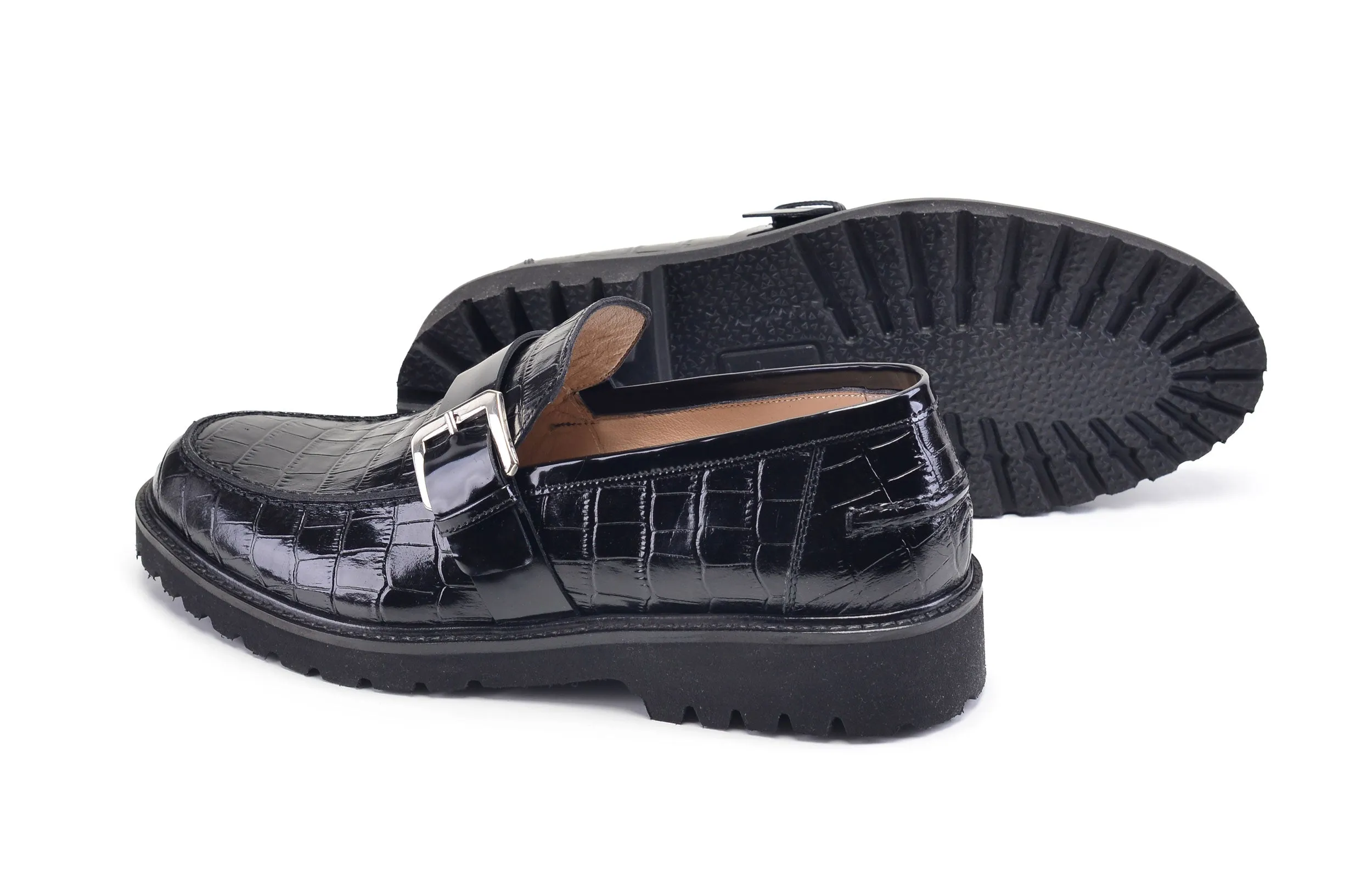 Pelle Crocodile Embossed Calfskin Slip-On Loafer Black