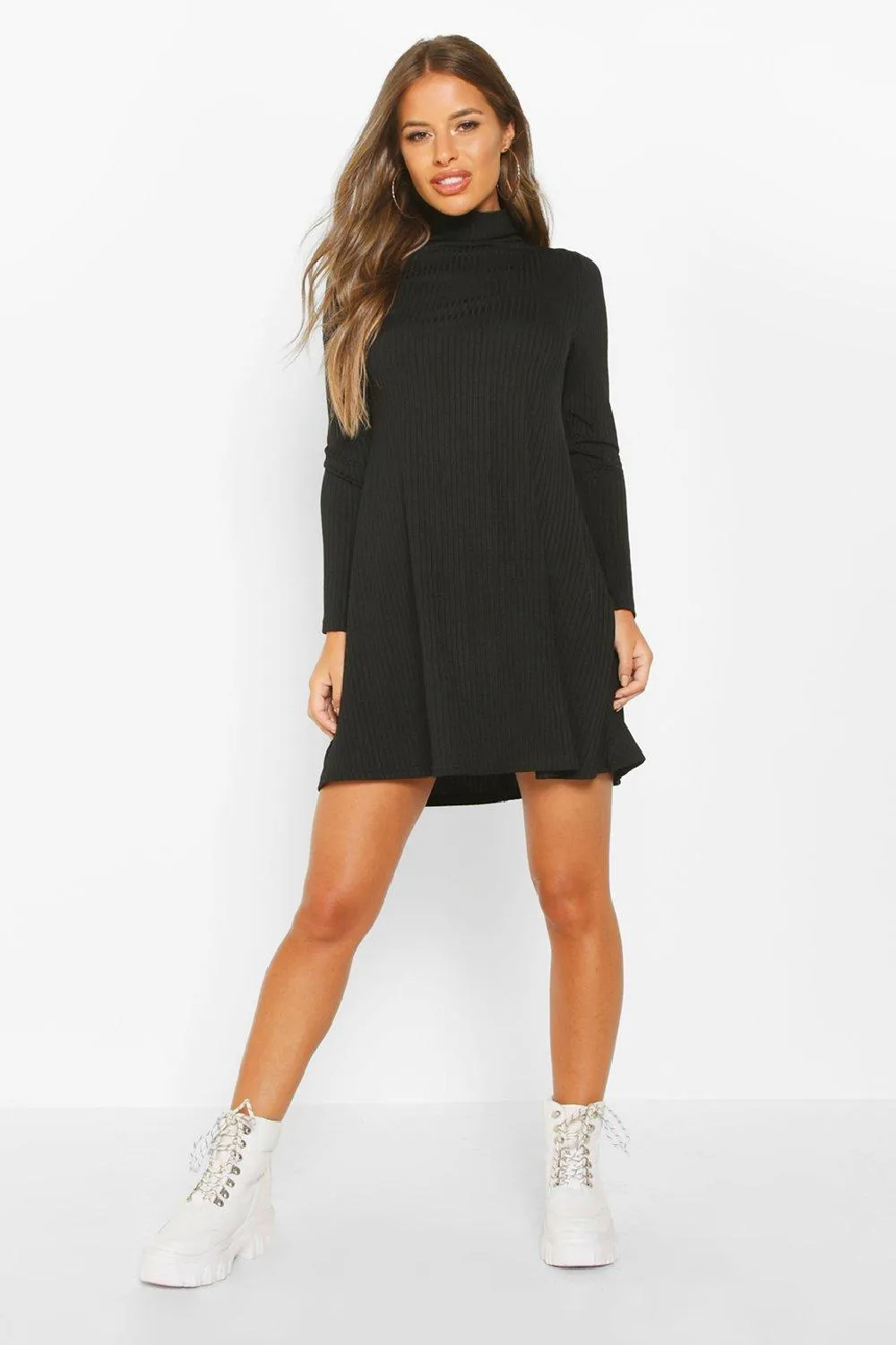 Petite Rib Turtleneck Long Sleeve Swing Dress