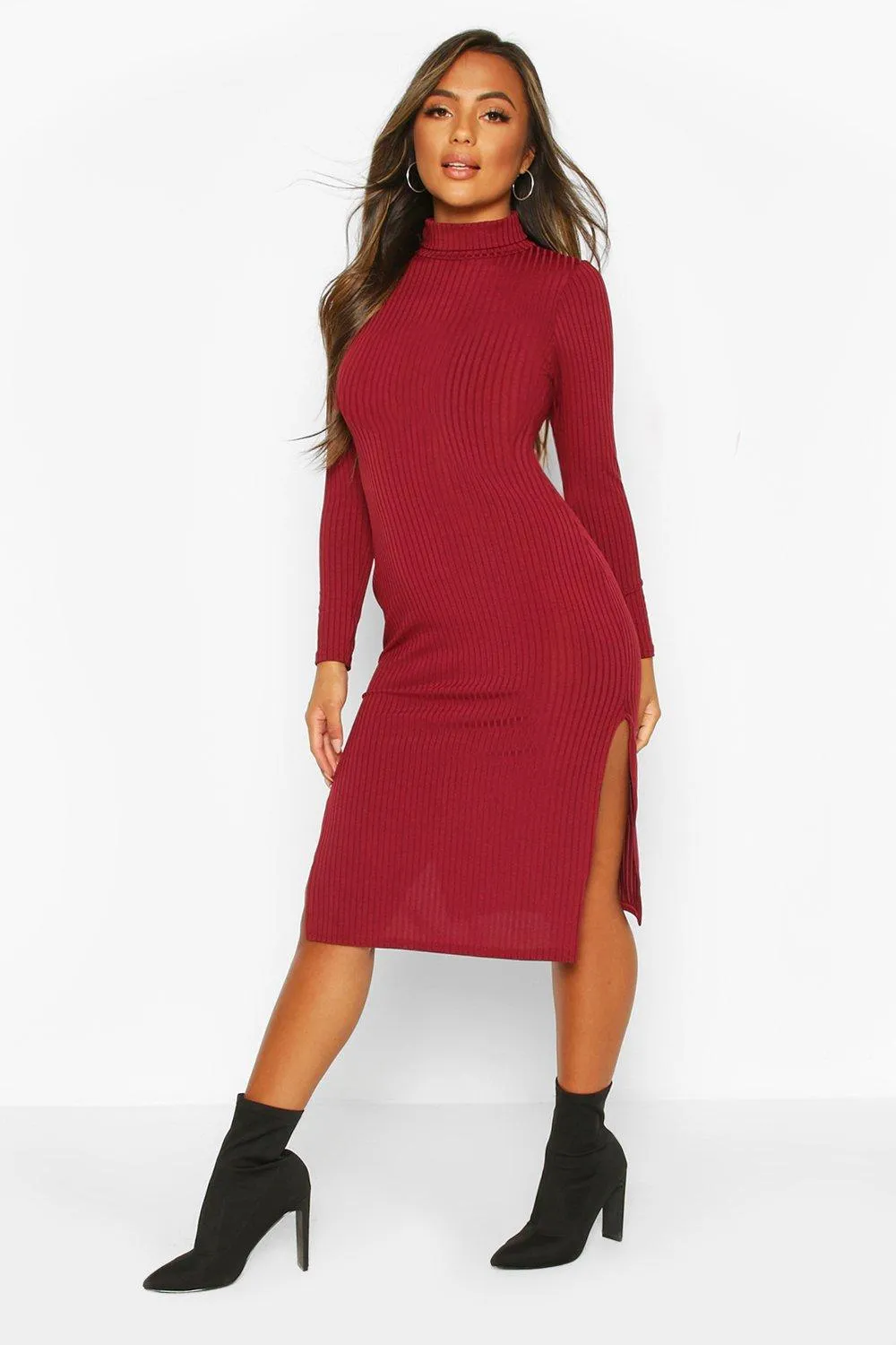 Petite Rib Turtleneck Split Hem Midi Dress