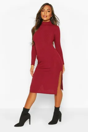 Petite Rib Turtleneck Split Hem Midi Dress