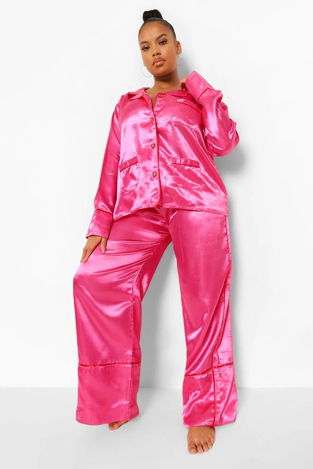 Plus Heart Button Satin Pajamas