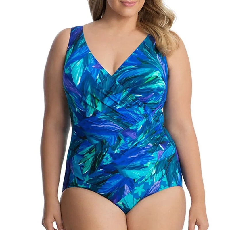 Plus Size Women's Blue One Piece Retro Style Printed Swimsuit